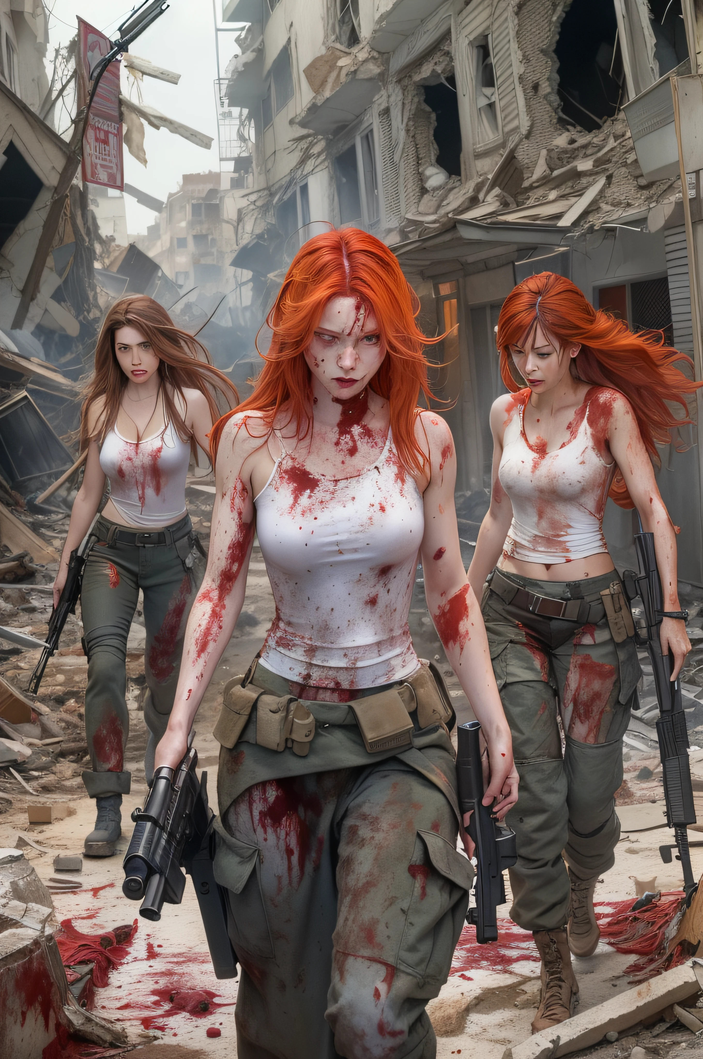 Three white red-haired women with very long hair stumbles through the streets of a ruined city with a naked wet upper body, and a bleeding gunshot wound in her left shoulder. An automatic rifle in her right hand, full of mud, blood, and wounds, and wearing a torn skirt. Explosions and fires ravaged the devastated city everywhere.