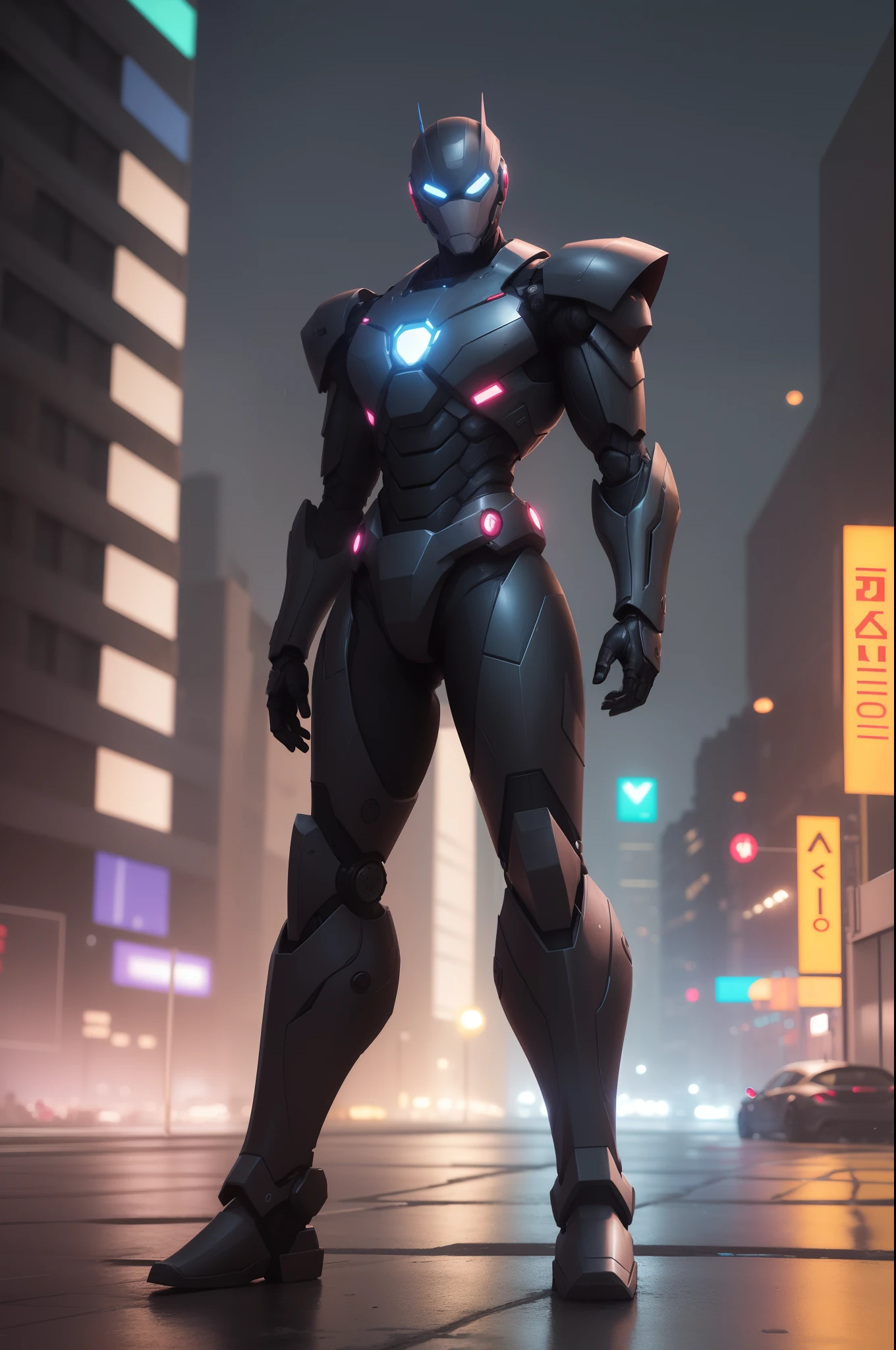 robot inspirado no personagem maquina de combate da marvel nas cores vemelho e preto em uma cidade futurista em uma noite de chuva com luzes neon refletidas na paisagem