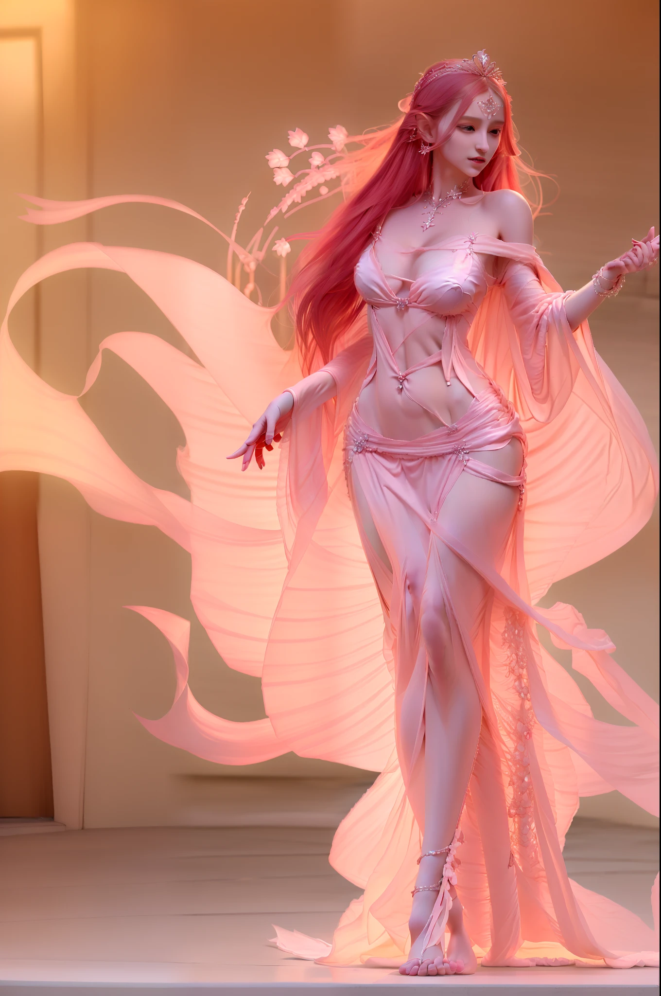 Arad image of a woman in a pink dress and a flowing long dress, Rosla global lighting, Rosla 1. 0, beautiful and elegant elf queen, hyper-detailed fantasy character, 3 D rendering character art 8 K, wlop rossdraws, Deviantart ArtStation CGSCOSIETY, a stunning young ethereal figure, beautiful full-body concept art