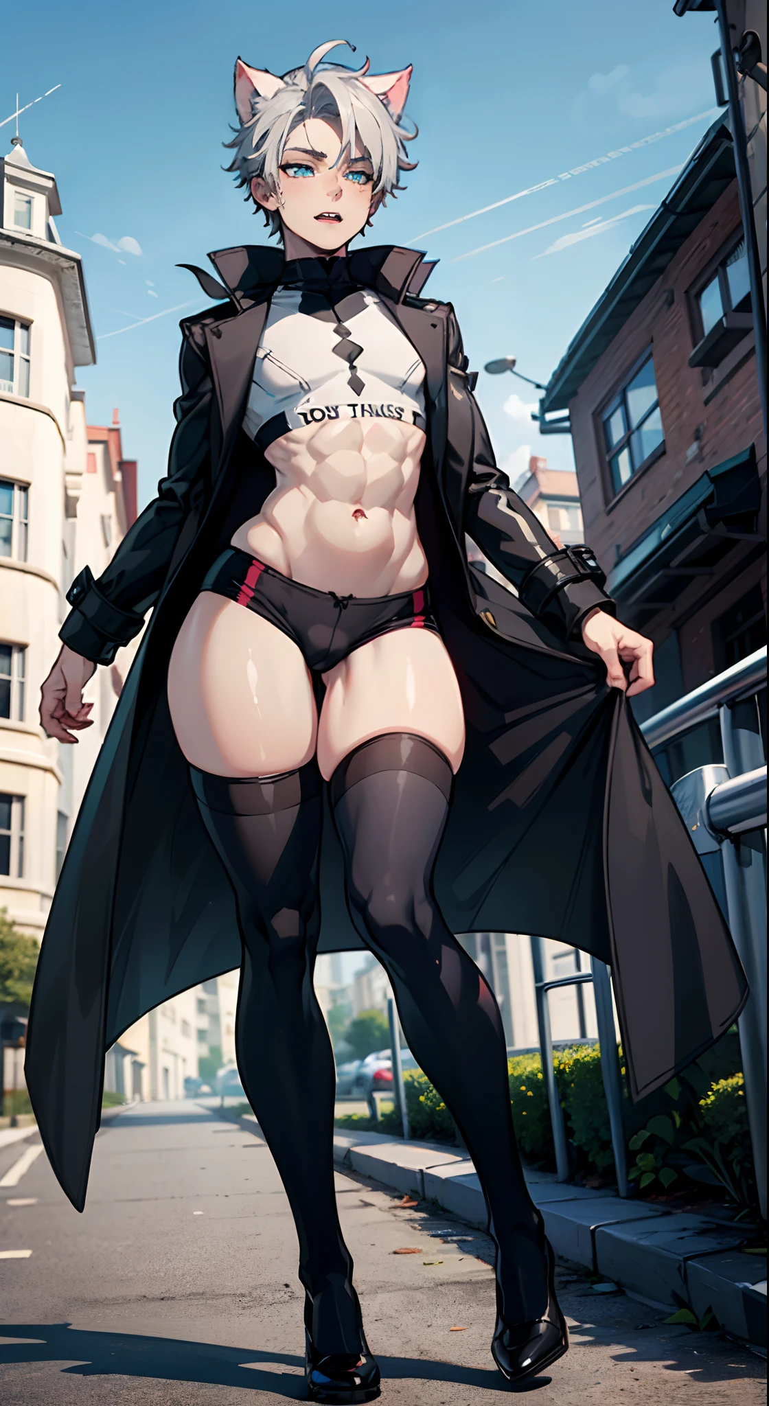 ((((((1boy)))))), fluffy gray hair, ((big sharp cat ears)), cat tail, slim figure, ((pale skin)), sky blue eyes, joyful, big thighs, big butt, fangs, slim waist, lean figure, skin pale, youthful appearance, (((bulge))), black booty gym shorts, black thigh socks, black coat, twink