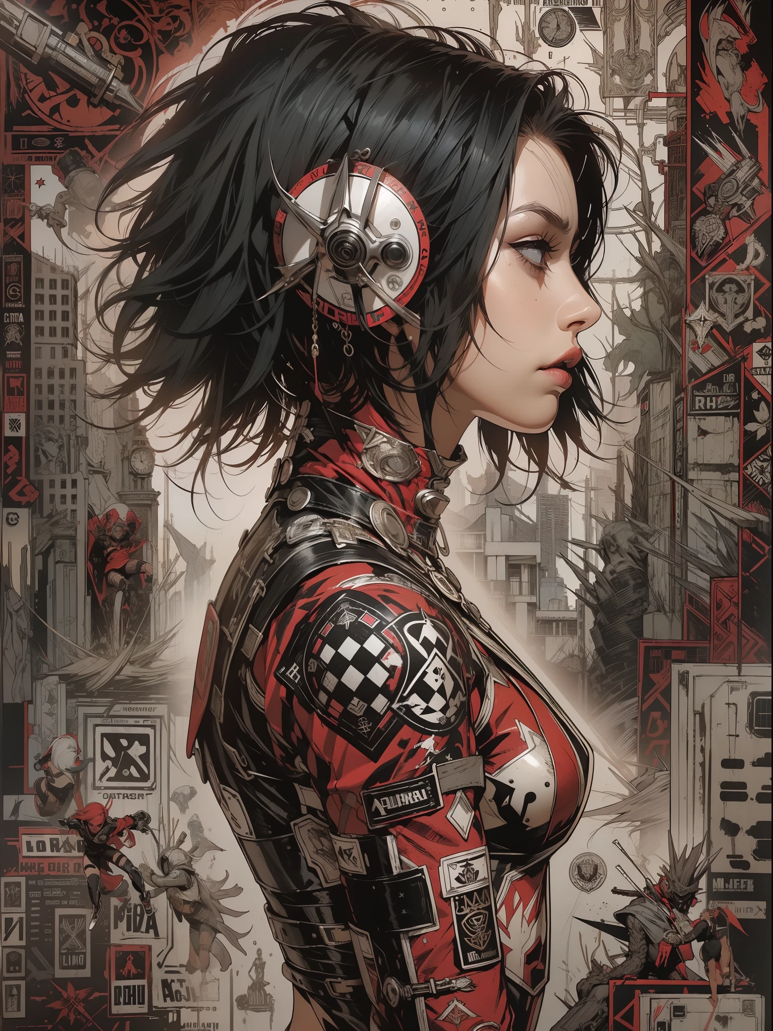 (((mulher))), (((melhor qualidade))), (((obra prima))), (((adulto))), (((1girl))), ((( corte de cabelo bob ))), Uma gladiadora cyberpunk mulher de 25 anos com corpo perfeito, shoulder pads with metal spines, Gladiadores do Brooklyn, (( corte de cabelo bob )), tiny leather panties, camiseta de time de rugby rasgada, quase nua no estilo selvagem urbano de Simon Bisley para a capa da revista Heavy Metal, Cabelo loiro curto, Minimum clothing, Metal protection on the left arm with intricate graphics, Dark red with white stars and black and white checkerboard pattern, armadura, cheio de pontas e rebites, (((do joelho pra cima))), cabelos loiro branco curto, no fundo uma parede pintada por Shepard Fairey com um design intrincado