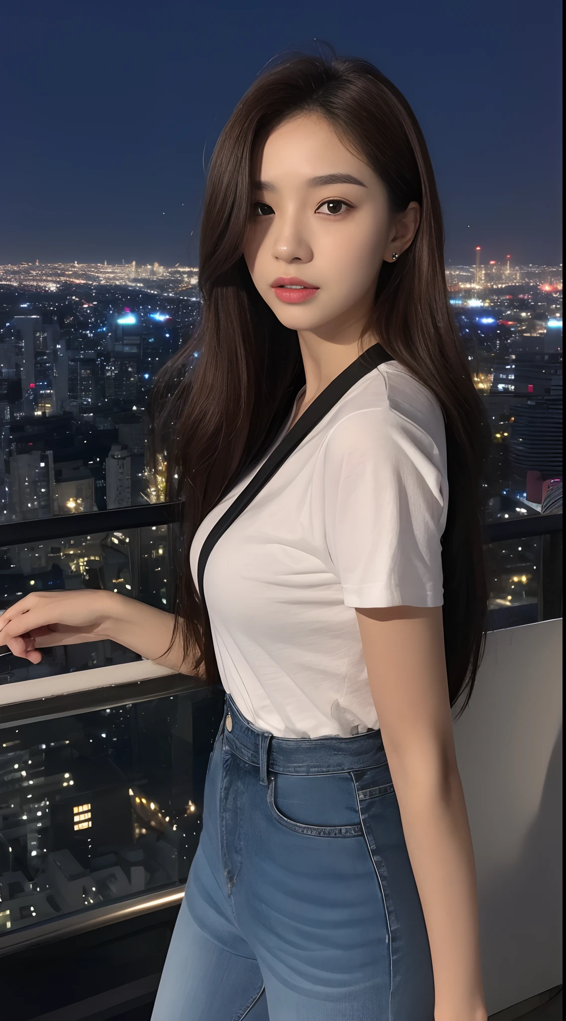 ((Midnight, Best quality, 8k, Masterpiece :1.3)), Whole body, Long legs, Sharp focus :1.2, A pretty woman with perfect figure :1.4, Slender abs :1.1, ((Dark brown hair, Big breasts :1.2)), (White tight tshirt, Jean bib, Standing:1.2), ((Night city view, Rooftop:1.3)), Highly detailed face and skin texture, Detailed eyes, Double eyelid