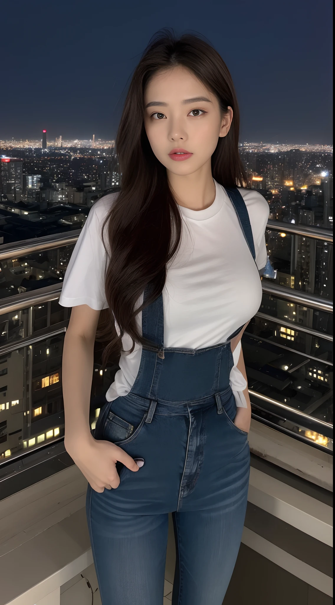 ((Midnight, Best quality, 8k, Masterpiece :1.3)), Whole body, Long legs, Sharp focus :1.2, A pretty woman with perfect figure :1.4, Slender abs :1.1, ((Dark brown hair, Big breasts :1.2)), (White tight tshirt, Jean bib, Standing:1.2), ((Night city view, Rooftop:1.3)), Highly detailed face and skin texture, Detailed eyes, Double eyelid