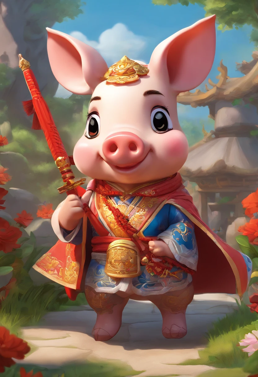 Cute pig in traditional male silk dress, Wearing boots on his feet and holding a traditional Chinese cold weapon,Dynamic pose, Traditional Chinese costume: Traditional Chinese cold weapons, knife, Stegosaurus press conference, folding fan, a blind box toy, Tender features, Whole body,Full shot , Front, Soft grade changes, delicate glow, Clay material,light and shadows,3D art,C4D,blender,Overclocking renderer with very detailed details,Disney Character Pixar character,16k,--AR 2:3 --S 400 -- Stvle Performance SD:Large model version animation Laura:Blind box 0.5 Redraw does not exceed 0.3