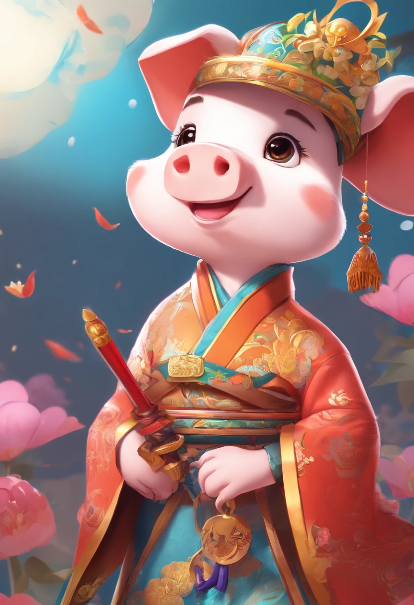 Cute pig in traditional male silk dress, Wearing boots on his feet and holding a traditional Chinese cold weapon,Dynamic pose, Traditional Chinese costume: Traditional Chinese cold weapons, knife, Stegosaurus press conference, folding fan, a blind box toy, Tender features, Whole body,Full shot , Front, Soft grade changes, delicate glow, Clay material,light and shadows,3D art,C4D,blender,Overclocking renderer with very detailed details,Disney Character Pixar character,16k,--AR 2:3 --S 400 -- Stvle Performance SD:Large model version animation Laura:Blind box 0.5 Redraw does not exceed 0.3
