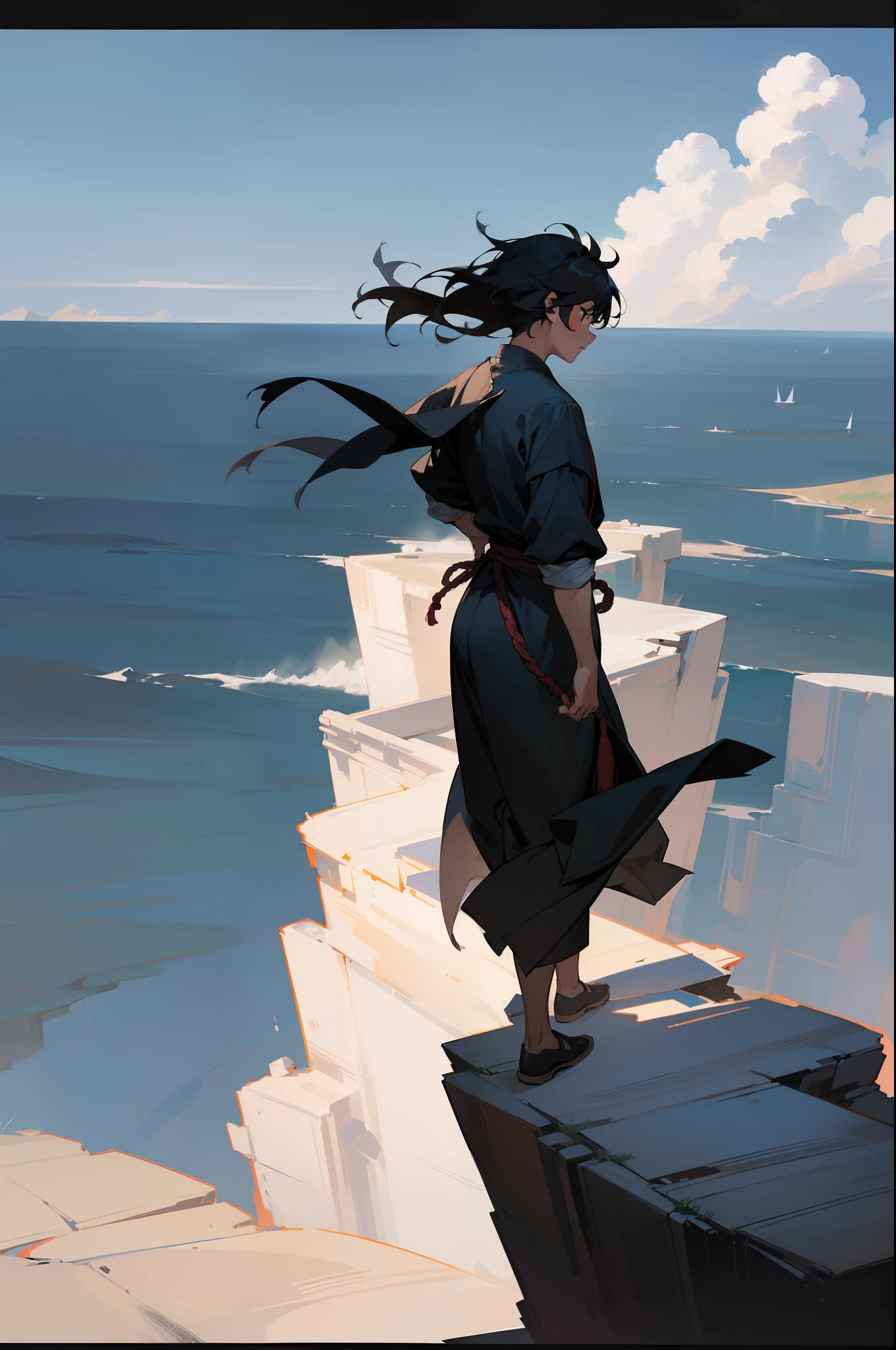 boy wearing black oriental fighter clothes, standing above a cliff and looking at the far horizon, with his back facing the camera, cinematic scene, epic scene, wind blowing by the sides, the boy has short black messy hair.