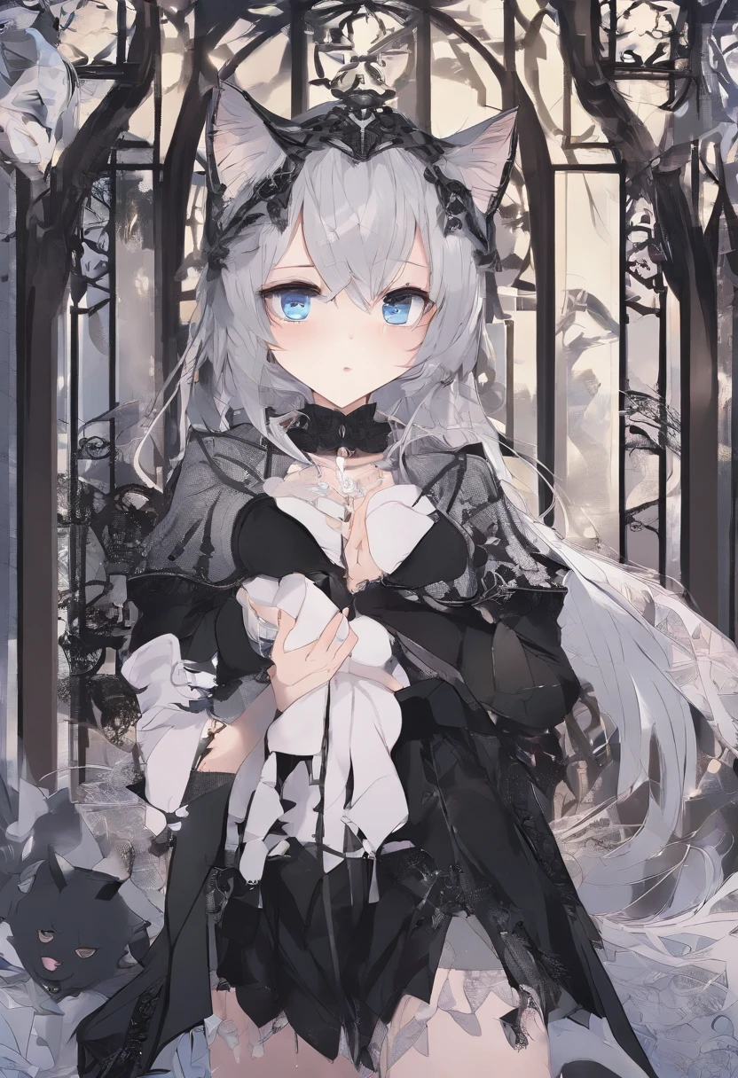 ((((((1boy)))))), fluffy gray hair, ((big sharp cat ears)), cat tail, slim figure, ((pale skin)), sky blue eyes, joyful, big thighs, big butt, fangs, slim waist, lean figure, skin pale, youthful appearance, (((bulge))), black booty gym shorts, black thigh socks, black coat, twink