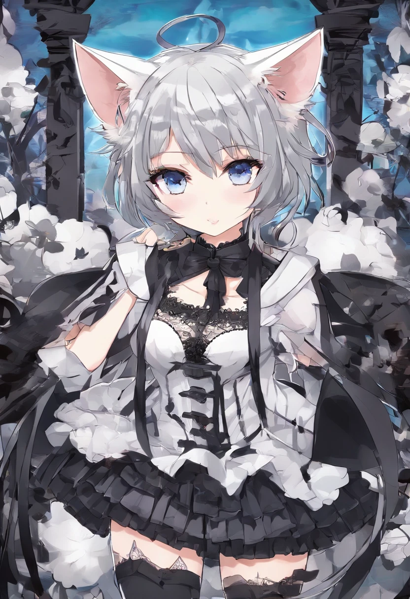 ((((((1boy)))))), fluffy gray hair, ((big sharp cat ears)), cat tail, slim figure, ((pale skin)), sky blue eyes, joyful, big thighs, big butt, fangs, slim waist, lean figure, skin pale, youthful appearance, (((bulge))), black booty gym shorts, black thigh socks, black coat, twink