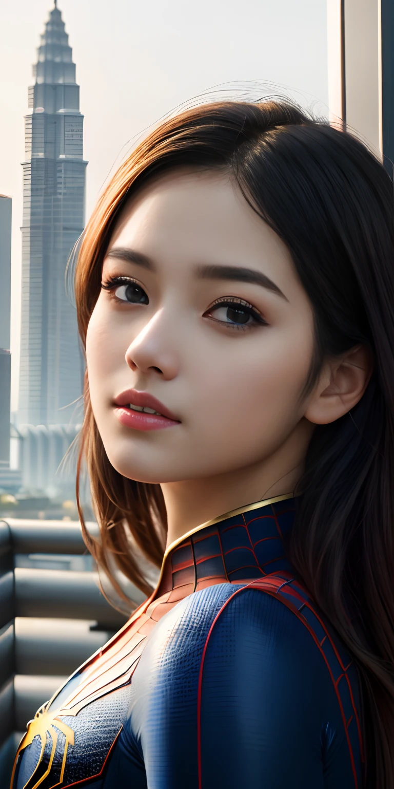 (1girl:1.3), Solo, (((Very detailed face)))), ((Very detailed eyes and face)))), Beautiful detail eyes, Body parts__, Official art, Unified 8k wallpaper, Super detailed, beautiful and beautiful, beautiful, masterpiece, best quality, original, masterpiece, super fine photo, best quality, super high resolution, realistic realism, sunlight, full body portrait, amazing beauty, dynamic pose, delicate face, vibrant eyes, (from the front), She wears Spider-Man suit in Malaysia flag colors, highly detailed Spiderman suit in Gold Blue Red White color, very detailed city roof background, rooftop, overlooking Petronas Twin Towers Kuala Lumpur city, detailed face, gorgeous, milky white, highly detailed skin, realistic skin details, visible pores, clear focus, volumetric fog, 8k uhd, DSLR, high quality, film grain, fair skin, photo realism, lomography,