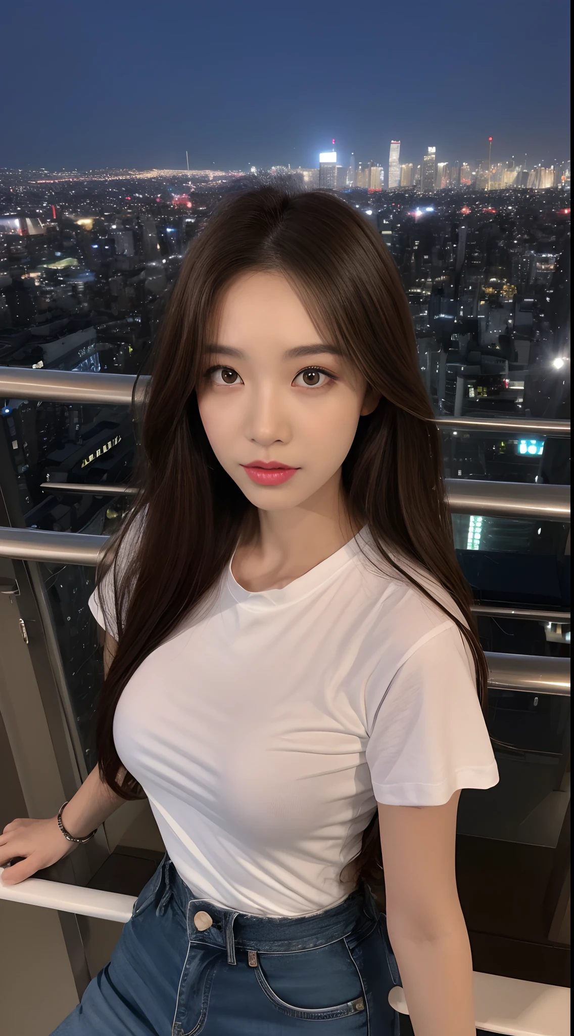 ((Midnight, Best quality, 8k, Masterpiece :1.3)), Whole body, Long legs, Sharp focus :1.2, A pretty woman with perfect figure :1.4, Slender abs :1.1, ((Dark brown hair, Big breasts :1.2)), (White tight tshirt, Jean bib, Standing:1.2), ((Night city view, Rooftop:1.3)), Highly detailed face and skin texture, Detailed eyes, Double eyelid