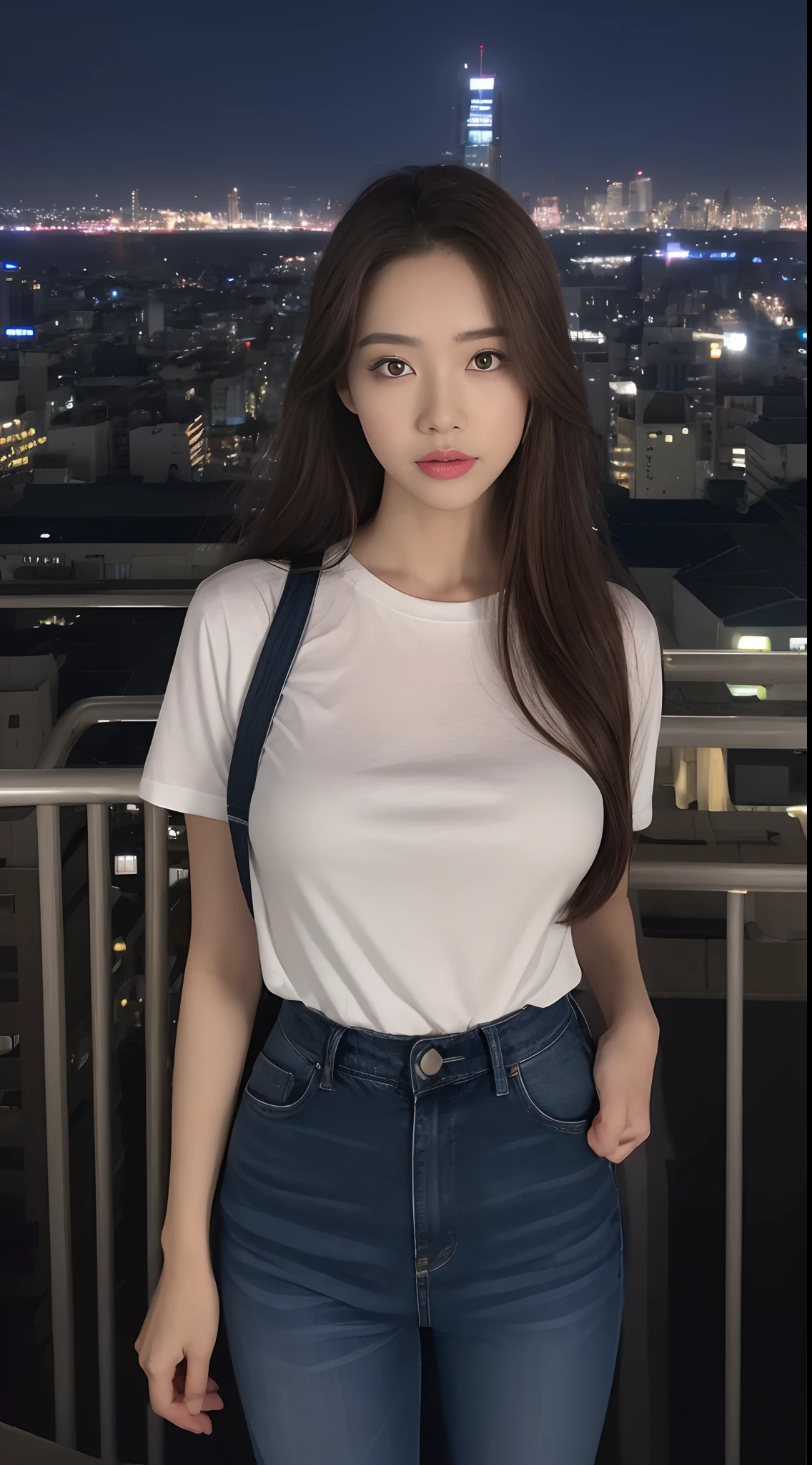 ((Midnight, Best quality, 8k, Masterpiece :1.3)), Whole body, Long legs, Sharp focus :1.2, A pretty woman with perfect figure :1.4, Slender abs :1.1, ((Dark brown hair, Big breasts :1.2)), (White tight tshirt, Jean bib, Standing:1.2), ((Night city view, Rooftop:1.3)), Highly detailed face and skin texture, Detailed eyes, Double eyelid