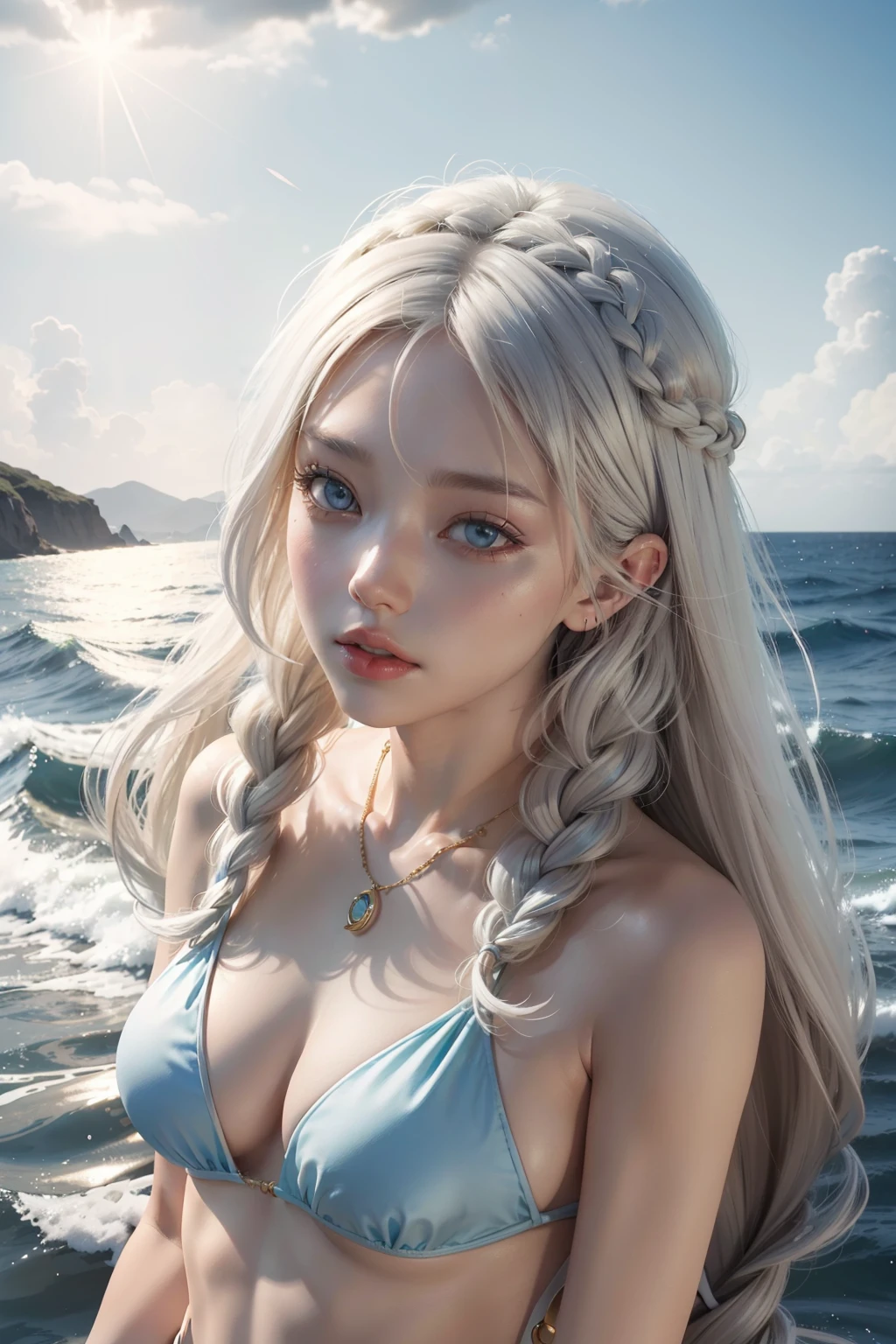 top-quality、masterpiece、white hair、Gold Eye、The bikini、look up to、Hair strands、light skinned、Side braid、The background is the sea、blue open sky