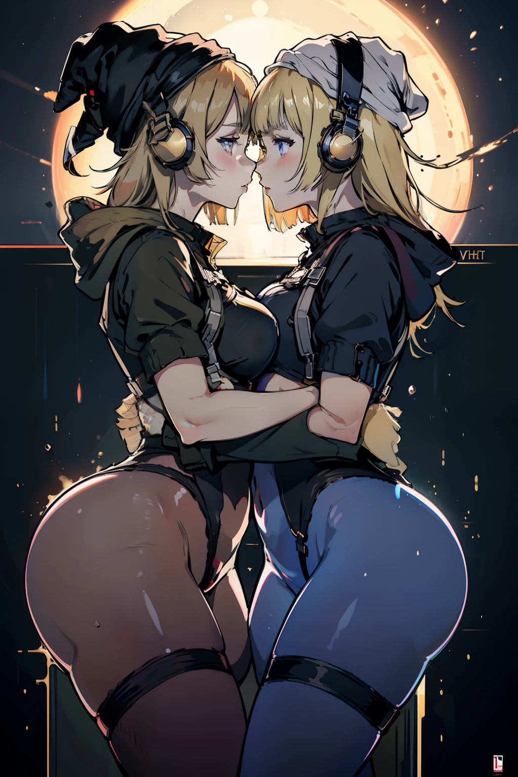 matching hairstyle,Match poses,sexyposture,High split end,high-waist,Bright colors,Magic background,water background,the sky background,2girls,2 Witches,Witch hat,Stocking tights,Jumpsuits,Intimate dress,Wrap tightly,Sexy bra,Pantyhose wrapped around the hips,Sexy,Wrap your entire body in clothes,Not exposed,mistic,abstact,Lady,Smiling,inquisitive,Extremely beautiful legs,Sexy girl pose,lesbian,French kiss,Wet kiss,face to face,hugs,cuddle,Close contacts,Snugly fit together,Side Body,Kiss,tongue kissing,Lovers,stroking each other,desire big breasts,squelch,Body overlap,squishing,Squeeze the chest,Squeeze each other's chests,Love,Love each other,sitting on the stone,garter,leg loops,Sexy bra,Pantyhose wrapped around the hips,Open at the underwear,clear clothing,Fully transparent,titmouse,camel-toe,body curve,stooped,mistic,Stocking tights,Jumpsuits,((((dramatics))),A movie poster with a young woman as the central character。Witch hat,schoolgirl,She stands confidently in the center of the poster,Wear fashion-forward attire。The background is dark and tough,There is a sense of danger and intensity, The color palette is predominantly dark,With bright colors,giving the poster a dynamic and visually striking appearance,tachi-e (Magazines:1.3),(Cover style:1.3),Fashionab,woman,with dynamism,garments,posing on a,frontage,rich colourful,dyna,Background with,element in,self-assured,Expressing the,halter,statement,Accessories,A majestic,coil,Runt,Touching pubic area,Scenes,Cover of a,Bold,attention-grabbing,Fashionab,Catchy,titles,more big,attention-grabbing, modern day, Fashionab, focal, Fashionab,There is no title,There is no text