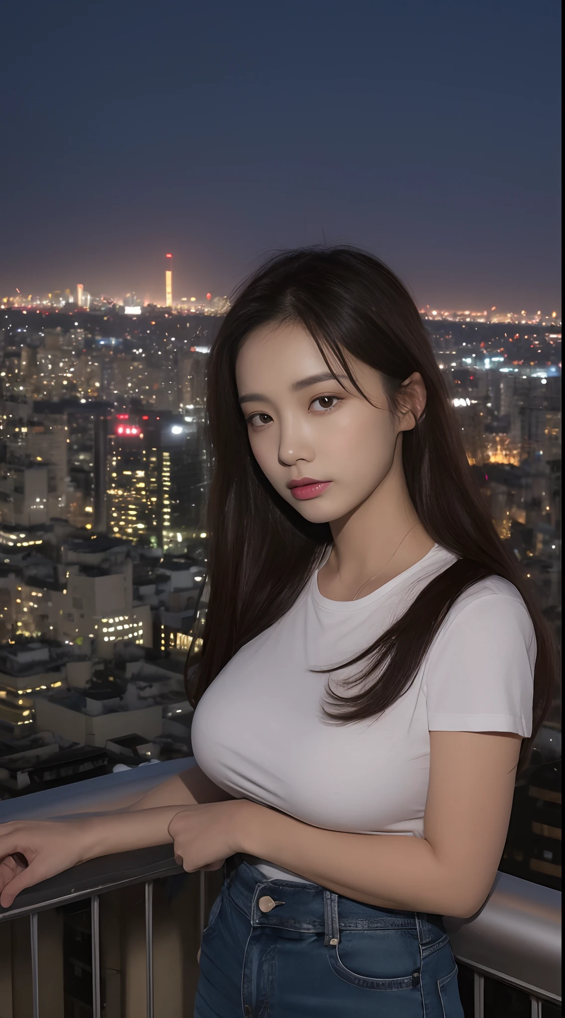 ((Midnight, Best quality, 8k, Masterpiece :1.3)), Whole body, Long legs, Sharp focus :1.2, A pretty woman with perfect figure :1.4, Slender abs :1.1, ((Dark brown hair, Big breasts :1.2)), (White tight tshirt, Jean bib, Standing:1.2), ((Night city view, Rooftop:1.3)), Highly detailed face and skin texture, Detailed eyes, Double eyelid