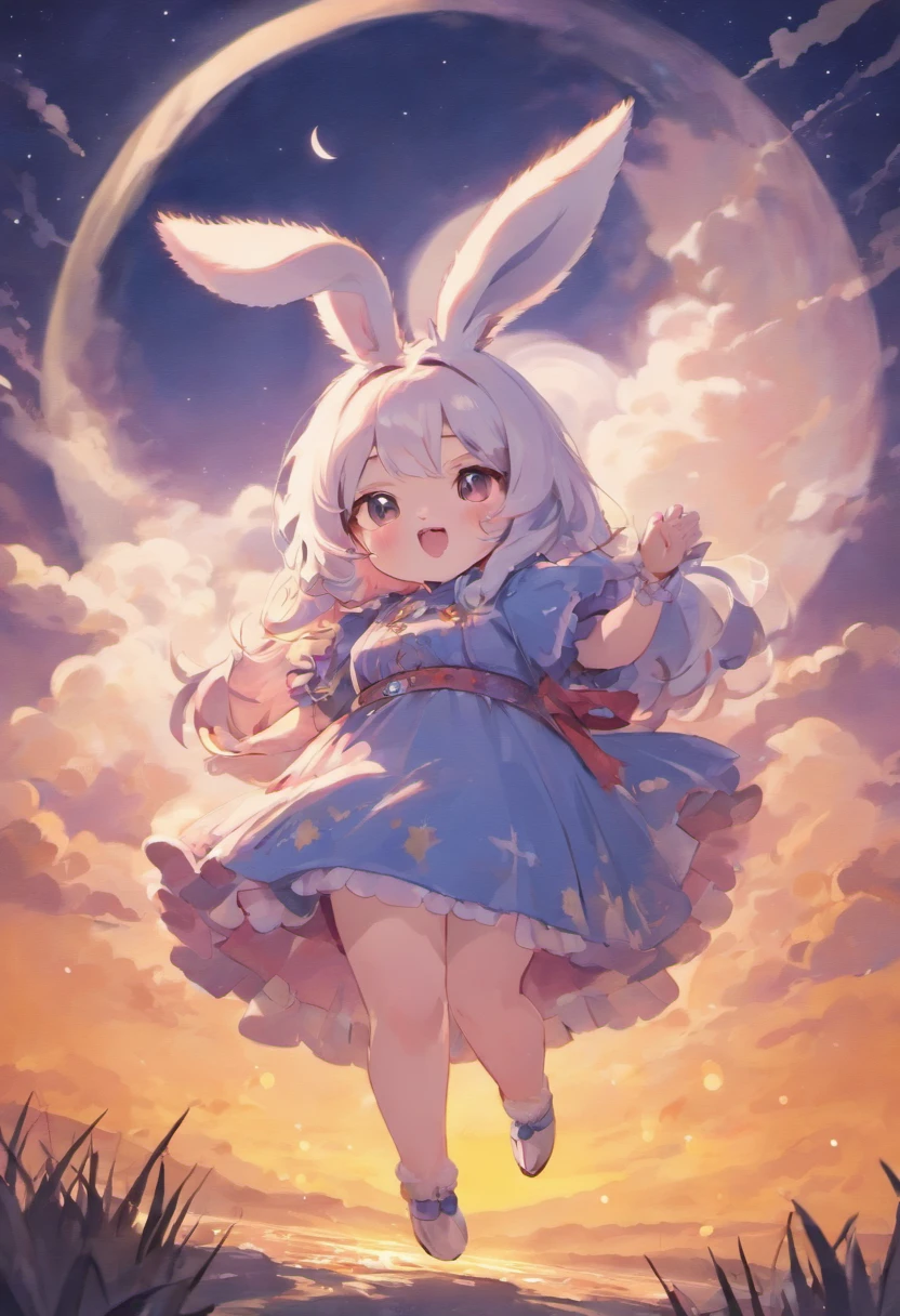 Cute fluffy chubby fantasy bunny creature，Mid-autumn，Big moon in background