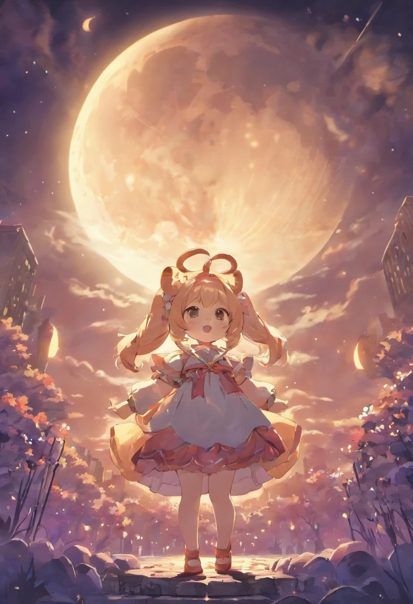 Cute fluffy chubby fantasy bunny creature，Mid-autumn，Big moon in background