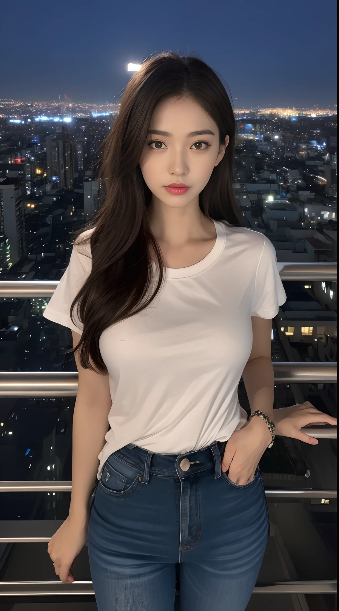 ((Midnight, Best quality, 8k, Masterpiece :1.3)), Whole body, Long legs, Sharp focus :1.2, A pretty woman with perfect figure :1.4, Slender abs :1.1, ((Dark brown hair, Big breasts :1.2)), (White tight tshirt, Jean bib, Standing:1.2), ((Night city view, Rooftop:1.3)), Highly detailed face and skin texture, Detailed eyes, Double eyelid
