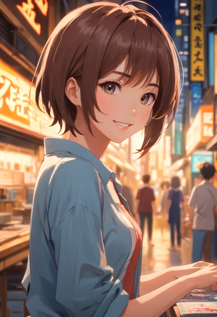 (8k, RAW photo, best quality, masterpiece:1.2), (realistic, photo-realistic:1.37), ultra-detailed, ultra high res,1 girl,looking at viewer,beautiful detailed face,smile,narrow,(slim waist:1.3),shirt, beautiful detailed skin, skin texture, floating hair,professional lighting,
