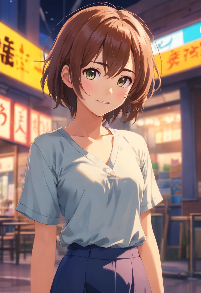 (8k, RAW photo, best quality, masterpiece:1.2), (realistic, photo-realistic:1.37), ultra-detailed, ultra high res,1 girl,looking at viewer,beautiful detailed face,smile,narrow,(slim waist:1.3),shirt, beautiful detailed skin, skin texture, floating hair,professional lighting,