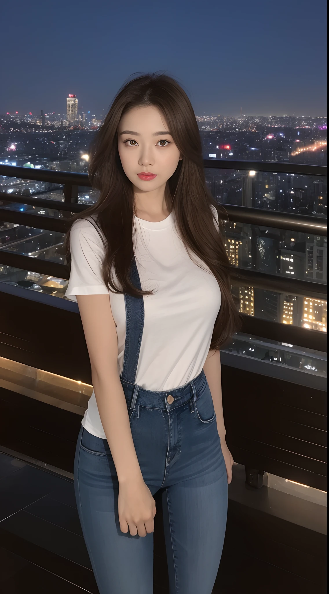 ((Midnight, Best quality, 8k, Masterpiece :1.3)), Whole body, Long legs, Sharp focus :1.2, A pretty woman with perfect figure :1.4, Slender abs :1.1, ((Dark brown hair, Big breasts :1.2)), (White tight tshirt, Jean bib, Standing:1.2), ((Night city view, Rooftop:1.3)), Highly detailed face and skin texture, Detailed eyes, Double eyelid