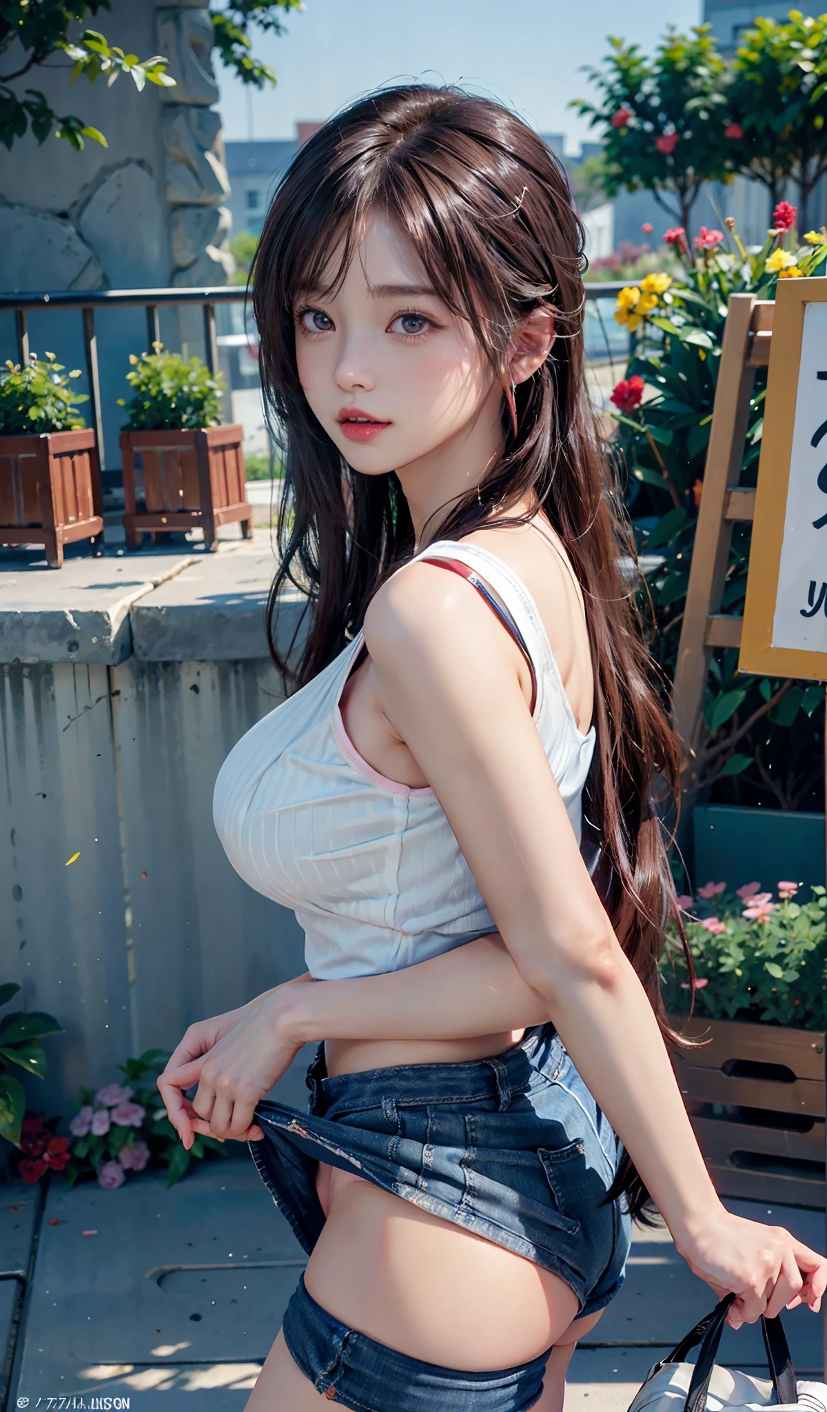 (((Shoot from a low angle below)))、(((White denim、White denim shorts、Pink denim、Denim wrinkled and lifted、The display tray is lifted.、Lift your shorts yourself、White denim shorts)))、(((Panties can be seen through the gaps in the shorts)))、White vest、ultra - detailed、tmasterpiece、top-quality、超A high resolution、8K、high-level image quality、Photogenic clarity、Live action、A detailed eye、gradients、perfect ??????? body proportions ,hdd、NFFSW , Nikon Z9 80mm lens 、masutepiece、Detailed panty pattern、Detailed and clear panty pattern、Bright sunlight and natural light、Crowds in the city、The beautiful bust seems to overflow、Beautiful pointed ??????,,,,、Her eyes sparkled.、Brunette Bob hair、、Bright lips and lip gloss、