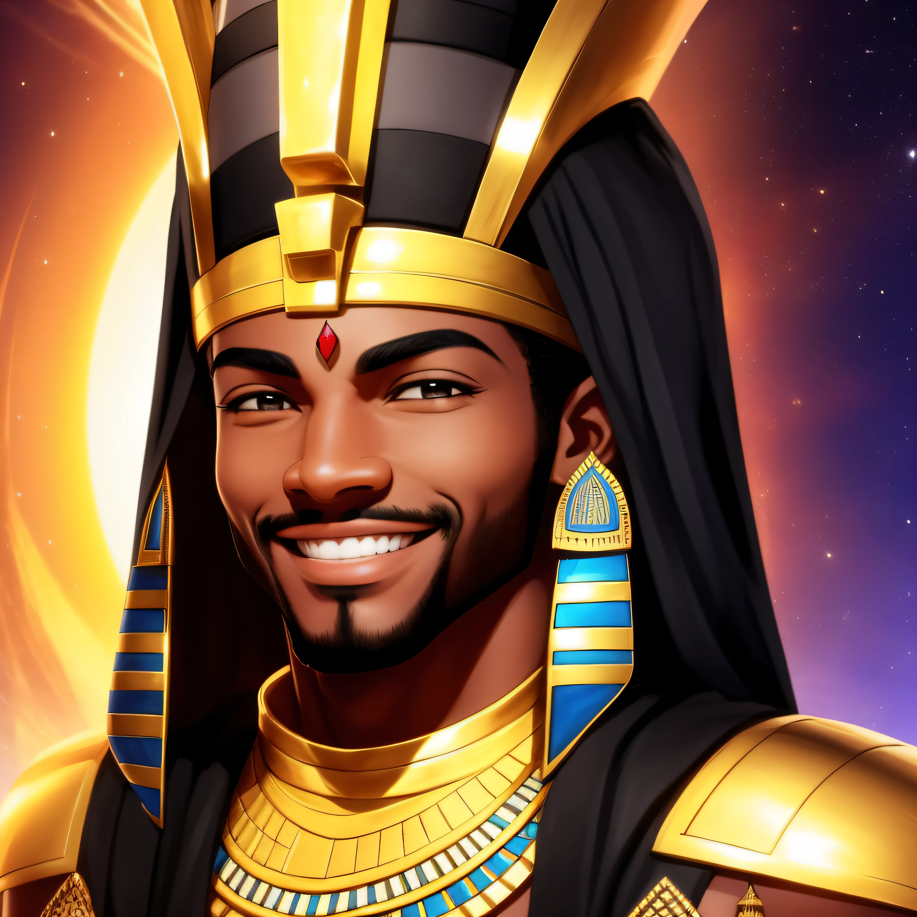 Black Egyptian Pharaoh face smiling.