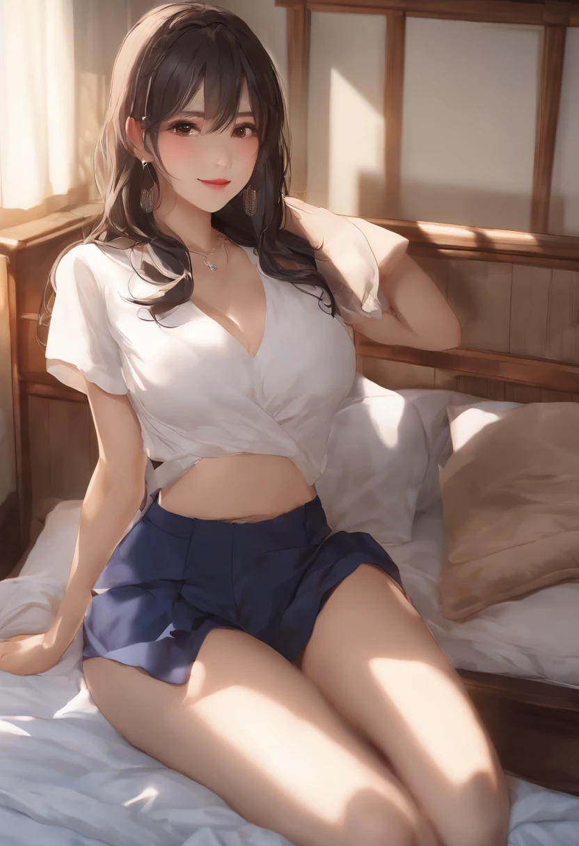 (top-quality、8K、32K、masterpiece、nffsw:1.2)、Photo of a cute Japanese woman、A dark-haired、Toned buttocks、cleavage of the breast、Colossal tits、(Plain white T-shirt)、((Dark blue bloomers))、(Dark blue bloomers)、Look at viewers、huge smile、a bed、Sit on the side、Kamimei、full of sweat、post-facto