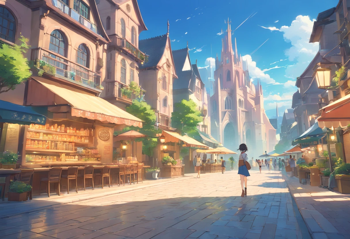 fantasy art, ciudad medieval, Fantasy City, hermosa ciudad con jardines, Plaza con una fuente en el centro, bellos edificios, Magnificent fantasy city, desde arriba