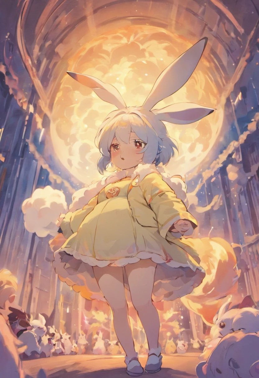 Cute fluffy chubby fantasy bunny creature，Similar to Pokémon，The background is the big moon，there were clouds，pastel colour，Vector styles have no gradients
