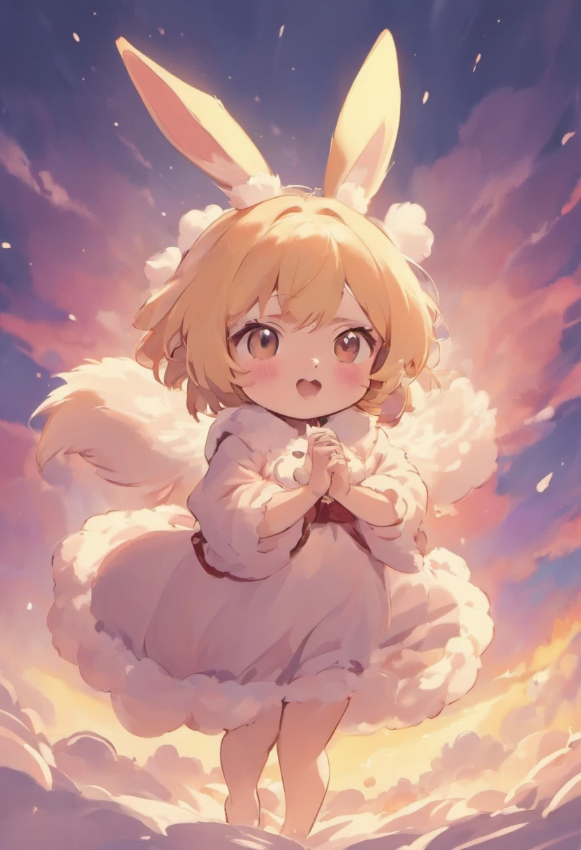 Cute fluffy chubby fantasy bunny creature,Similar to Pokémon,The background is the big moon,there were clouds,pastel colour,Vector styles have no gradients