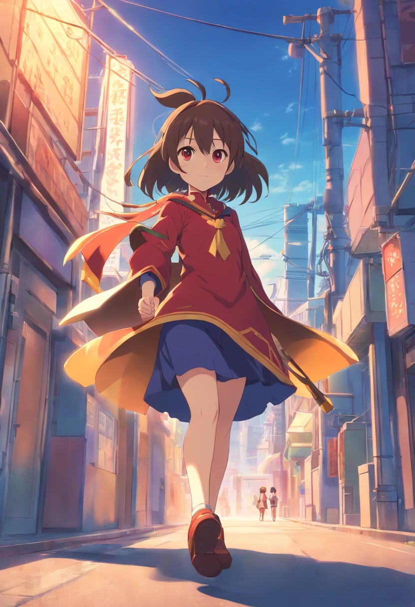 Girl_megumin_konosuba, qualidade superior、membros completos、dedos completos、Beleza esbelta、cabelos lisos、cabelos curtos , cabelos curtos、Joelho alto、Roupa de banho escolar、olhos pequenos、red eyes.