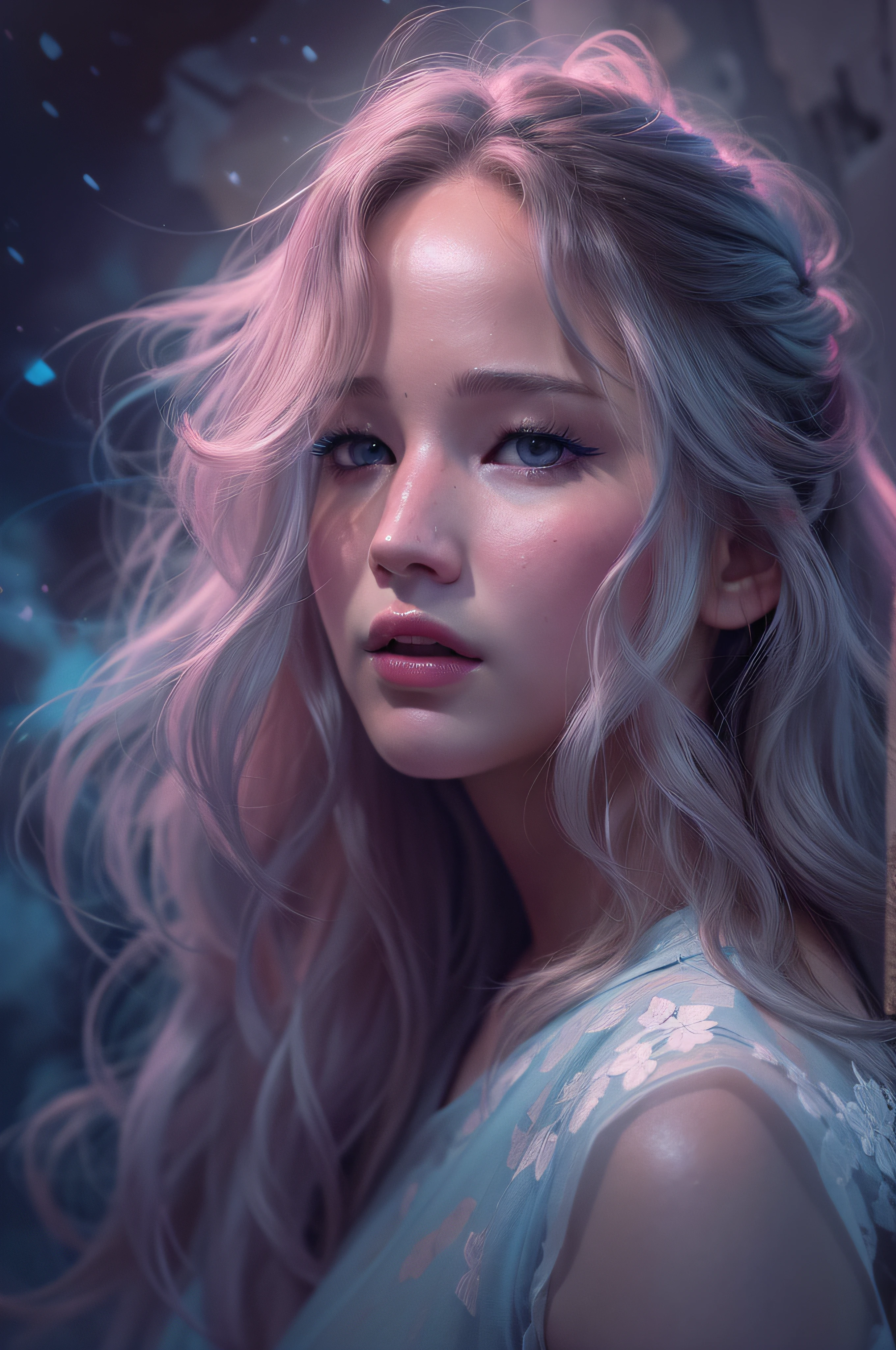 a painting of Jennifer Lawrence with a long hairstyle, dreamlike atmosphere, a hyperrealistic painting, notes on top of the drawing, inspired by Yanjun Cheng, artwork in the style of the quiz, detailed digital 3d art, hyperrealistic, detailed, beautiful art uhd 4k, Japanese pop surrealism, painting of beautiful, sadness face, heartbroken expression, moonlight background