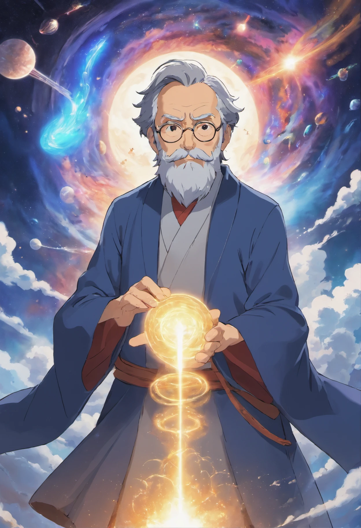 Male grandfather scientist who studies the universe and taboos，Uses dark matter and cosmic energy，wisdom，Love to experiment，Around the halo，High angle of view，vividness，Dynamic movements，lightand shade contrast，Surrounded by smoke，Game character style，Long gray beard