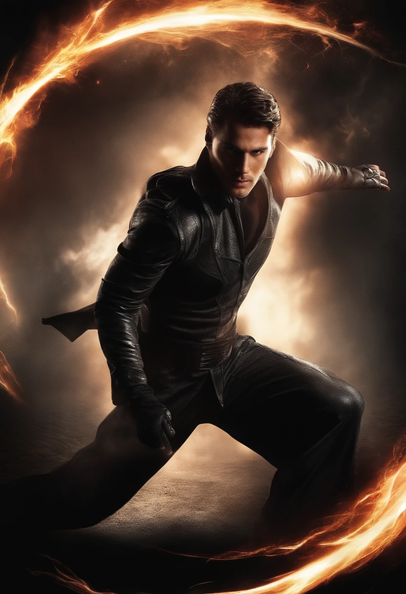Genera una imagen de un hombre joven, calvo, vestido con un atuendo de cuero moderno y con un aspecto que irradia un aura de poder. This man should be in an attack pose, with a purposeful and mysterious facial expression. His right hand Should be raised, holding a ball of glowing magic energy, lista para lanzar un hechizo devastador. The background of the image should be dark, highlighting the intensity of his magical power