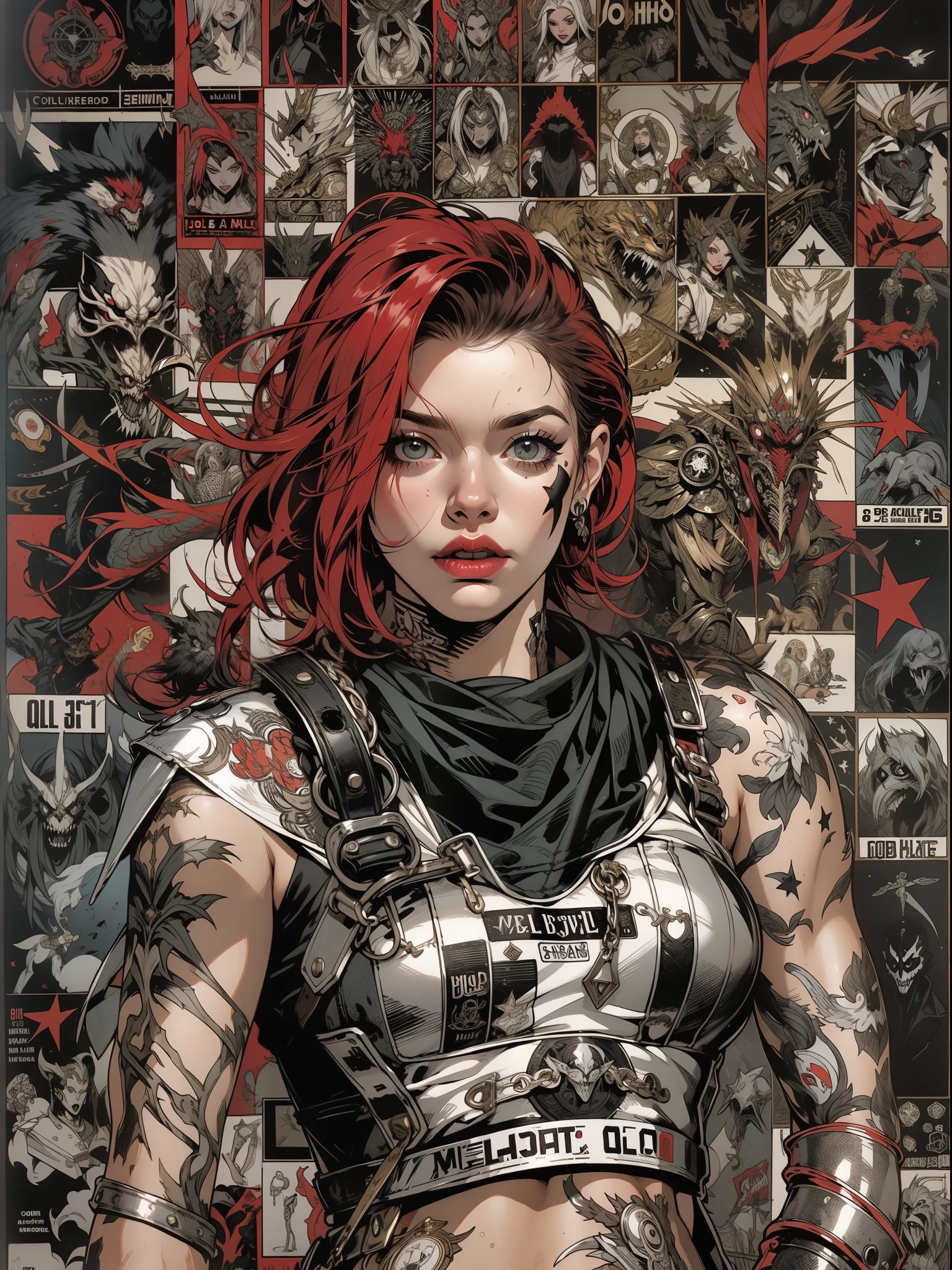 (((mulher))), (((melhor qualidade))), (((obra prima))), (((adulto))), (((1girl))), ((( corte de cabelo bob ))), Uma gladiadora cyberpunk mulher de 25 anos com corpo perfeito, shoulder pads with metal spines, Gladiadores do Brooklyn, (( corte de cabelo bob )), tiny leather panties, camiseta de time de rugby rasgada, quase nua no estilo selvagem urbano de Simon Bisley para a capa da revista Heavy Metal, Cabelo loiro curto, Minimum clothing, Metal protection on the left arm with intricate graphics, Dark red with white stars and black and white checkerboard pattern, armadura, cheio de pontas e rebites, (((do joelho pra cima))), cabelos loiro branco curto, no fundo uma parede pintada por Shepard Fairey com um design intrincado