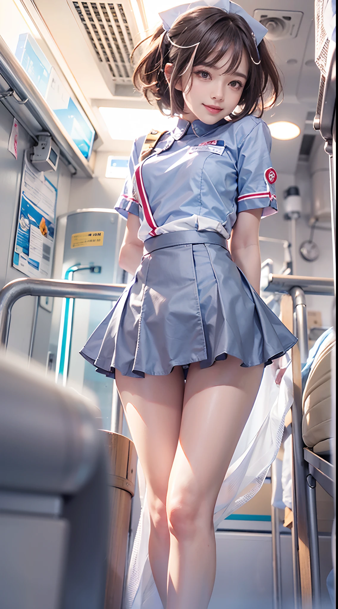 NSFW, 1womanl, (Well-formed face), (Ideal ratio body proportions), Hospital Room, Sunnyday, (((crouching down))), (((kneeking))), (Nurse clothes in miniskirts), (skirt rift), (((Grab the skirt with both hands、show off panty))), ((lift skirt myself)), (Show off your panties to the camera), ((Squat and spread your legs and knees)), long , Smiling smile, de pele branca, A slender, Dark hair, short-hair, Skinny Legs, beauty legs, Small buttocks, Skinny Legs, surrealism, Cinematic lighting, depth of fields, One-person viewpoint, F/1.8, 135 mm, canon, nffsw, masutepiece, ccurate, Anatomically correct, Textured skin, Super Detail, high details, High quality, awardwinning, Best Quality, hight resolution, 1080p, 4K, 8K