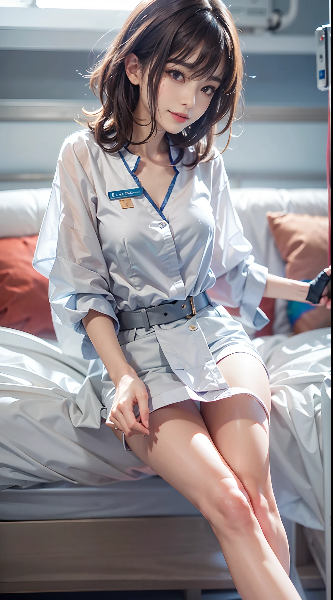 NSFW, 1womanl, (Well-formed face), (Ideal ratio body proportions), Hospital Room, Sunnyday, (((crouching down))), (((kneeking))), (Nurse clothes in miniskirts), (skirt rift), (((Grab the skirt with both hands、show off panty))), ((lift skirt myself)), (Show off your panties to the camera), ((Squat and spread your legs and knees)), long , Smiling smile, de pele branca, A slender, Dark hair, short-hair, Skinny Legs, beauty legs, Small buttocks, Skinny Legs, surrealism, Cinematic lighting, depth of fields, One-person viewpoint, F/1.8, 135 mm, canon, nffsw, masutepiece, ccurate, Anatomically correct, Textured skin, Super Detail, high details, High quality, awardwinning, Best Quality, hight resolution, 1080p, 4K, 8K