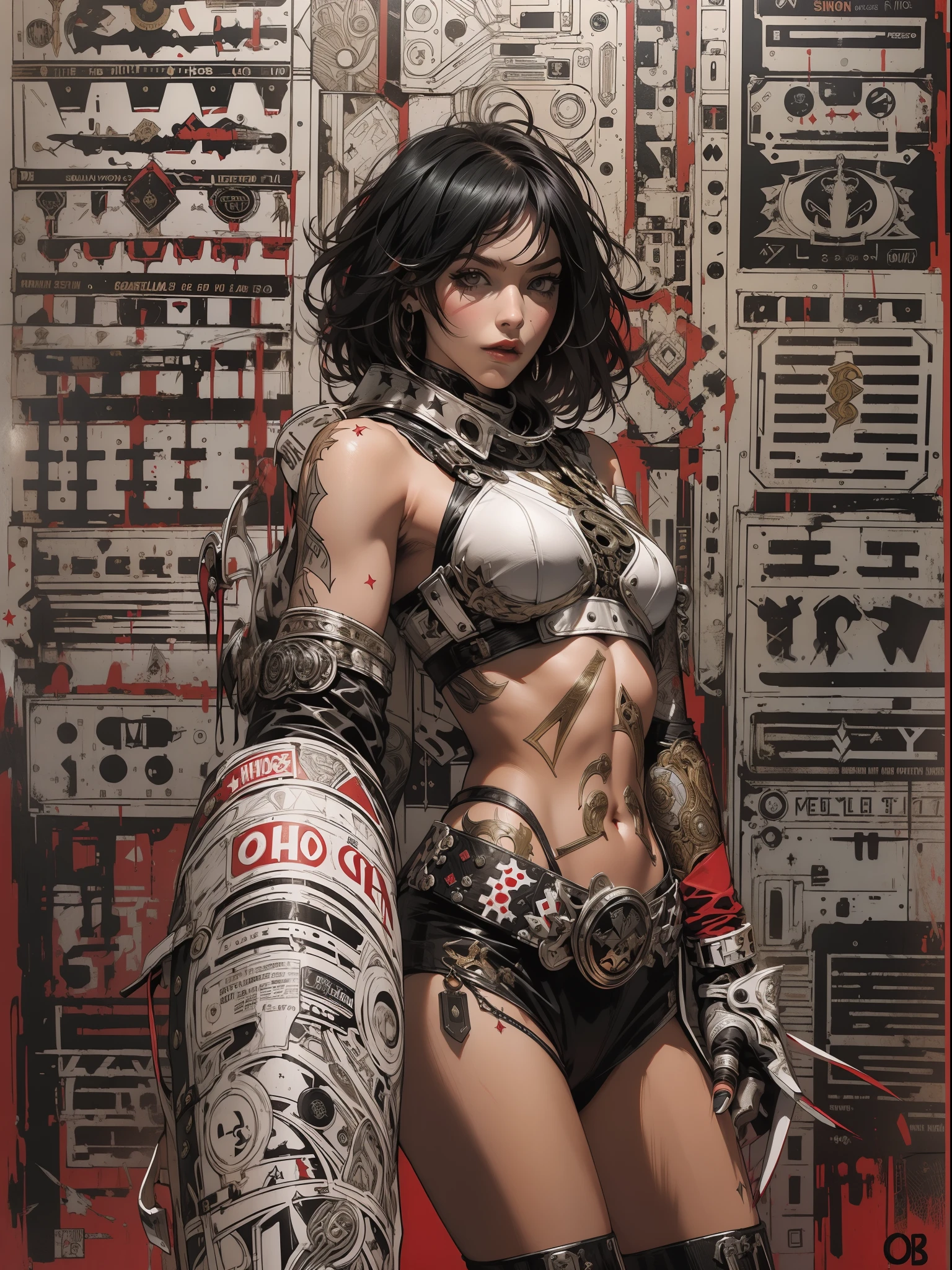 (((mulher))), (((melhor qualidade))), (((obra prima))), (((adulto))), (((1girl))), ((( corte de cabelo bob ))), Uma gladiadora cyberpunk mulher de 25 anos com corpo perfeito, shoulder pads with metal spines, Gladiadores do Brooklyn, (( corte de cabelo bob )), tiny leather panties, camiseta de time de rugby rasgada, quase nua no estilo selvagem urbano de Simon Bisley para a capa da revista Heavy Metal, Cabelo loiro curto, Minimum clothing, Metal protection on the left arm with intricate graphics, Dark red with white stars and black and white checkerboard pattern, armadura, cheio de pontas e rebites, (((do joelho pra cima))), cabelos loiro branco curto, no fundo uma parede pintada por Shepard Fairey com um design intrincado