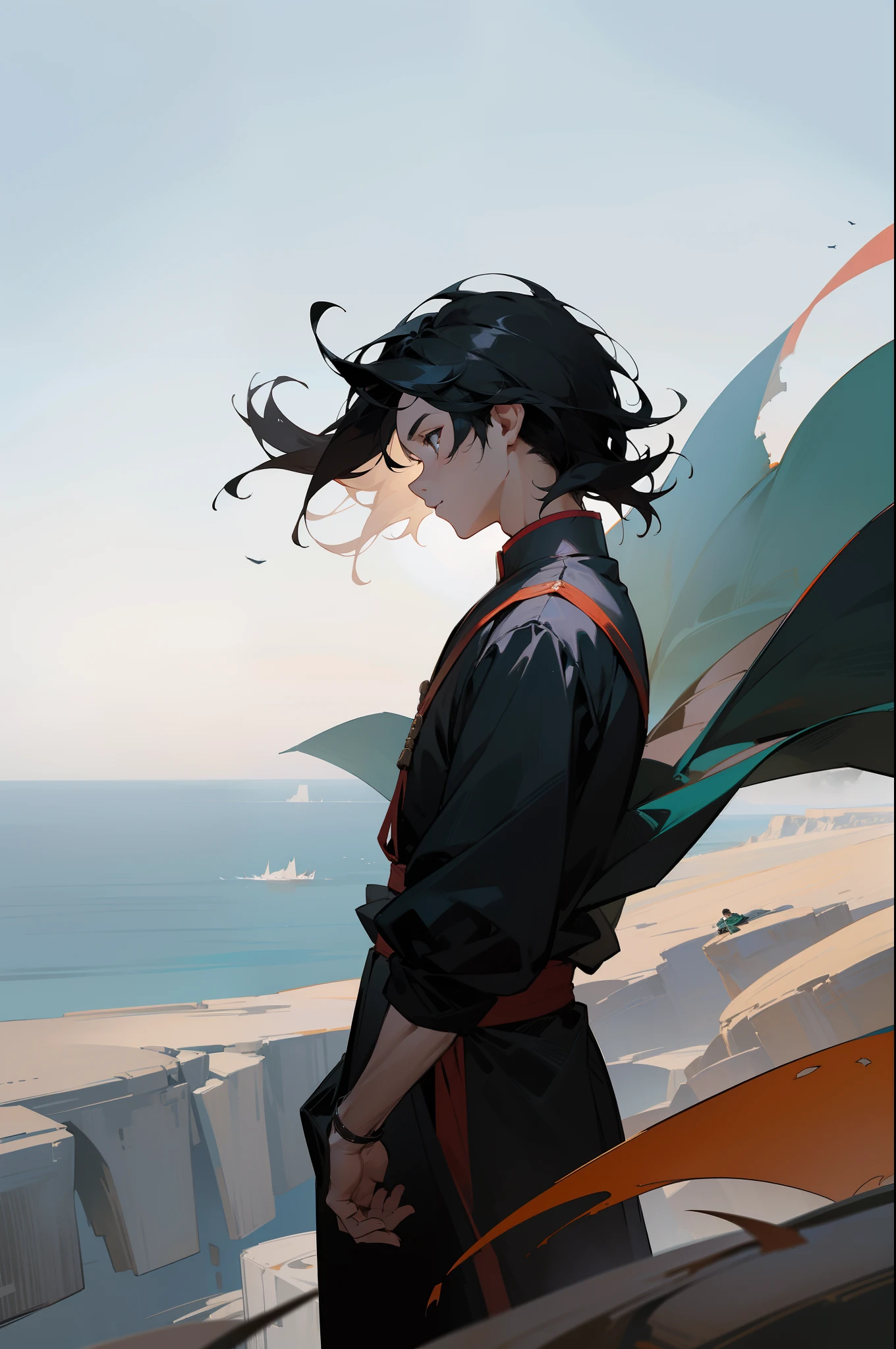 boy wearing black oriental fighter clothes with adventurer pants, standing above a cliff and looking at the far horizon, with his back facing the camera, cinematic scene, epic scene, wind blowing by the sides, the boy has short black messy hair.