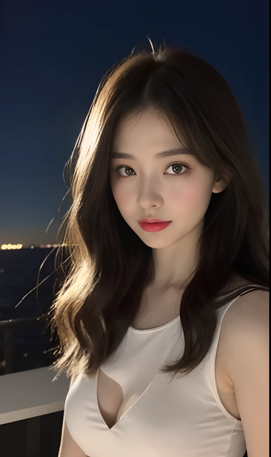 (Original photo of 8K,best qualtiy,tmasterpiece:1.2),(Medium view),the night,Night on a yacht,Sea and night view in the background,best qualtiy,tmasterpiece,(Small mouth:1.2),short- sleeved,short- sleeved,short- sleeved,short- sleeved,an extremely delicate and beautiful one,,astounding,finely detailled,tmasterpiece,Best quality at best,(age 22:1.2),Narrow waist,Slim,is shy,Pure,adolable,Bushy hair,Soft hair,big breasts beautiful,A detailed eye,(long whitr hair:1.2)