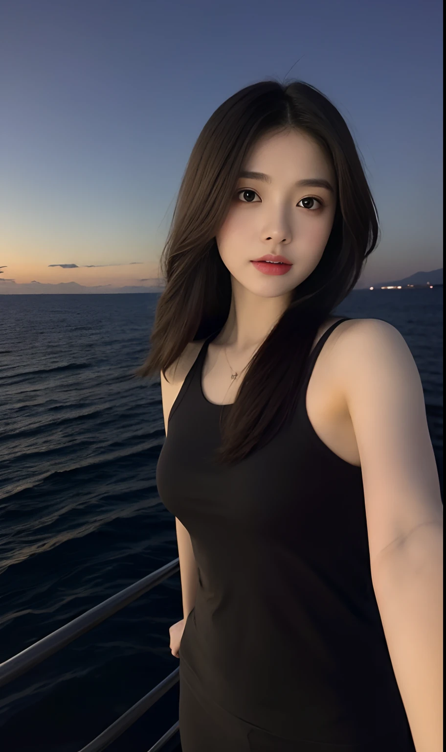(Original photo of 8K,best qualtiy,tmasterpiece:1.2),(Medium view),the night,Night on a yacht,Sea and night view in the background,best qualtiy,tmasterpiece,(Small mouth:1.2),short- sleeved,short- sleeved,short- sleeved,short- sleeved,an extremely delicate and beautiful one,,astounding,finely detailled,tmasterpiece,Best quality at best,(age 22:1.2),Narrow waist,Slim,is shy,Pure,adolable,Bushy hair,Soft hair,big breasts beautiful,A detailed eye,(long whitr hair:1.2)
