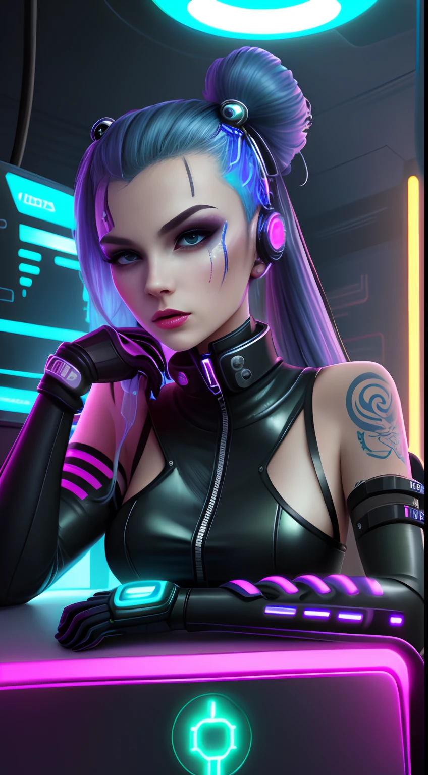 "Artistic Image, The center of this scene is a cyberpunk cyborg, full body portrait with striking blonde hair, highlights, blue eyes. She is seen amidst her high-tech environment, adorned with Japanese Tattoo art, navel piercing. The image should be a blend of digital illustration and anime, featuring a level of detail that brings the character and scene to life. The hacker's anatomy is athletic, capturing the essence of both freedom and soul. Drawing inspiration from Masamune Shirow, the illustration features sharp focus, smooth transitions, and an underlying watercolor aesthetic. The environment is filled with digital screens and neon lights, adding to the cyberpunk atmosphere.", 35mm, Medium Shot, Studio Lighting, Highly Detailed, Octane Render