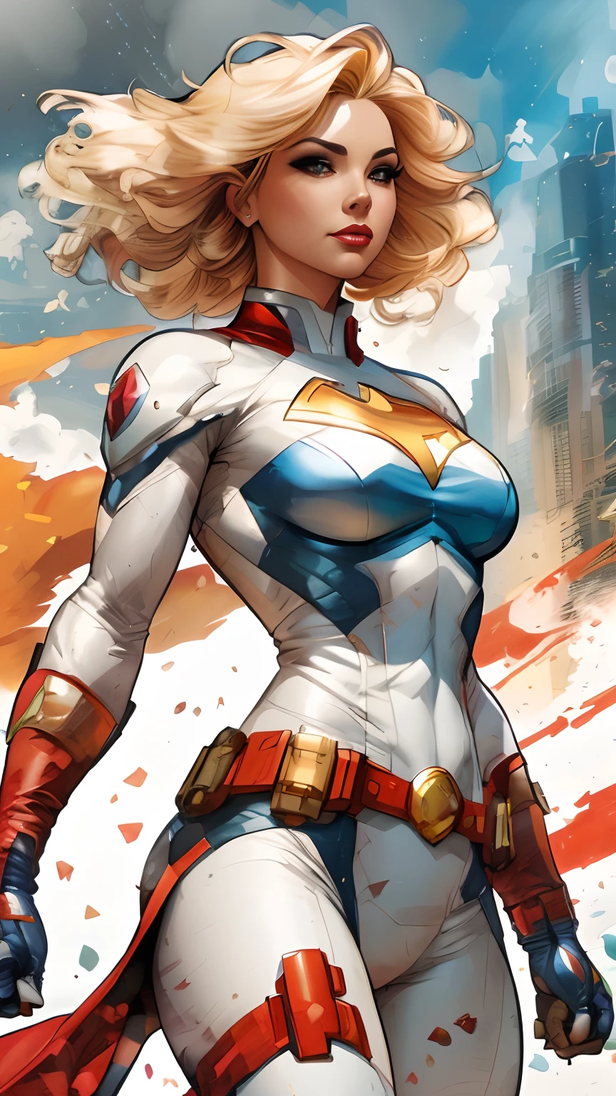 Un primer plano de una mujer con un traje blanco y rojo, Chica poderosa, beautiful comic art, dc comics art style, Chris Moore. Artgerm, by José Comas Quesada, Artgerm Julie Bell Beeple, Estilo de Raymond Swanland, high detail comic book art, Rafael Albuquerque Comic Art, Artgerm JSC
