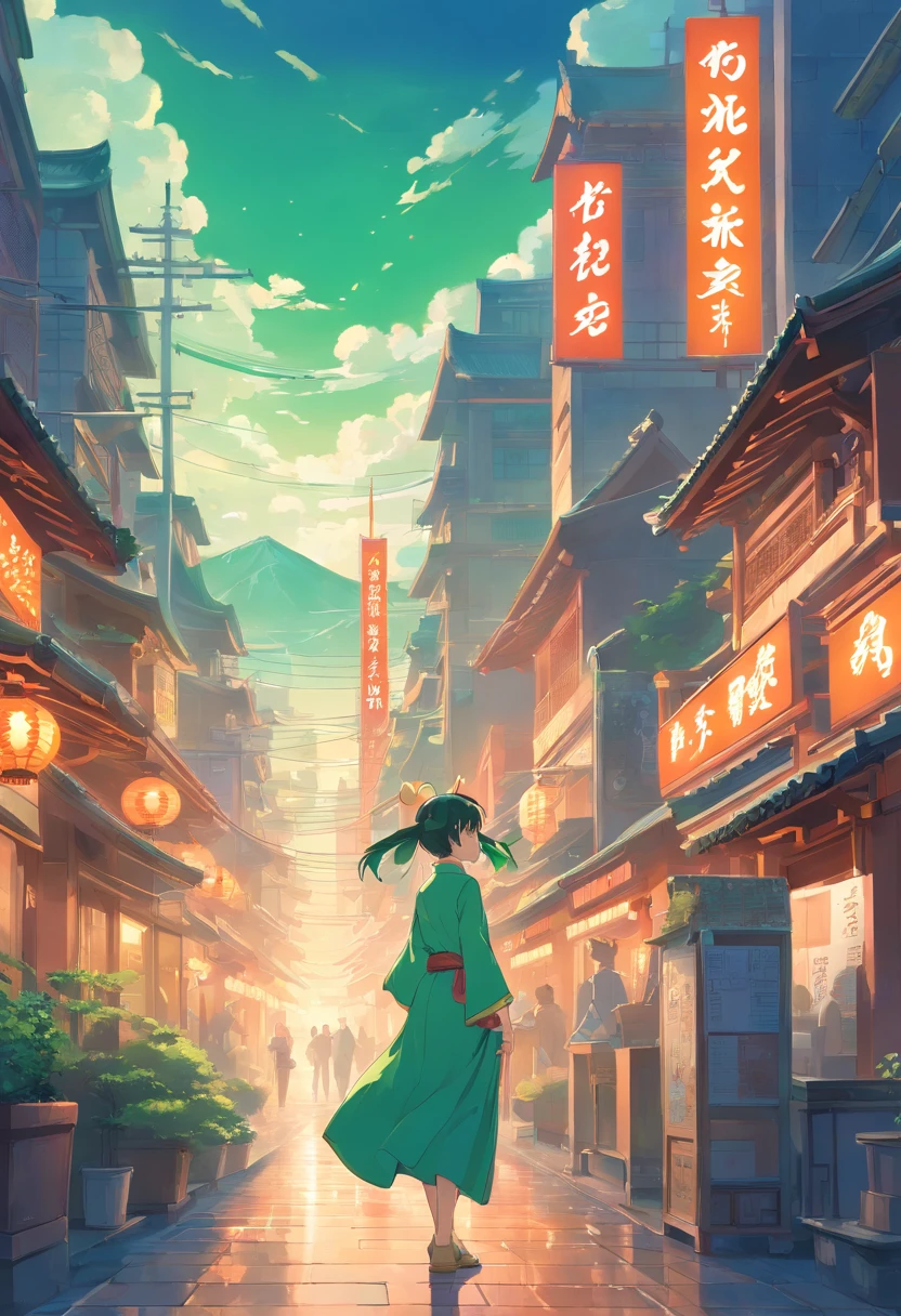 Jade rabbit on Chang'an City, Art Nouveau style illustration, Detailed sky, chinapunk, Explanatory narrative, solarizing master, quito school, Visual poetry