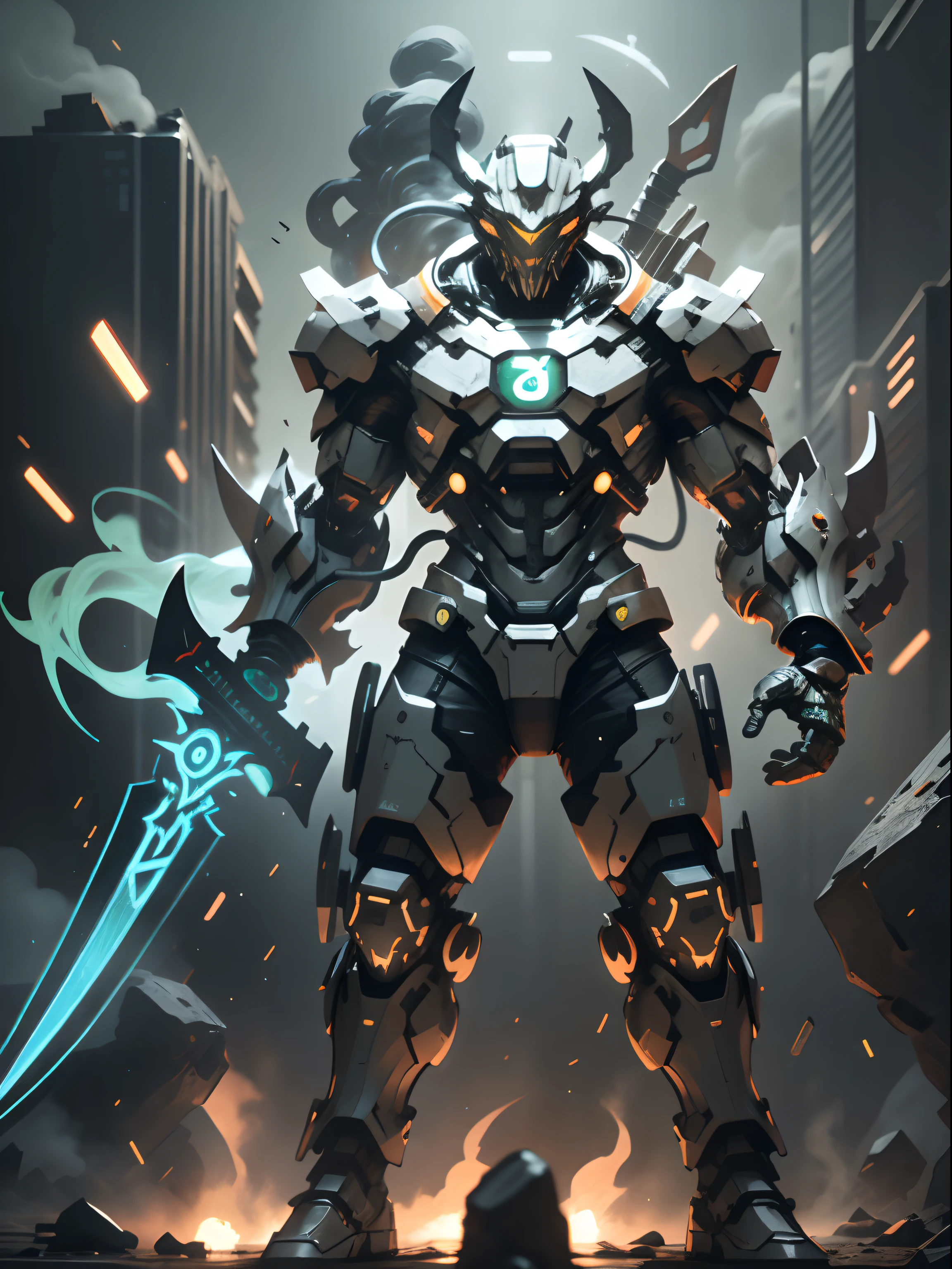 Hyperrealistic, Unreal engine, 3d, Ghost executioner with huge tomahawk, super cool ghost executioner, giant tomahawk, boxer, red mechanical boxer, wearing green mechanical armor, smoke surrounding, tomahawk swinging pose, imposing walking, frontal perspective, perfect eight-headed body proportions, tall body, full body photo, super detail, realistic, shiny, reflective, bioluminescent, galactic cybernetic mask, mecha, (executioner: 1.2), cape, SH4G0D, GlowingRunes_red, full body, movie, dark background, backlight, high contrast,