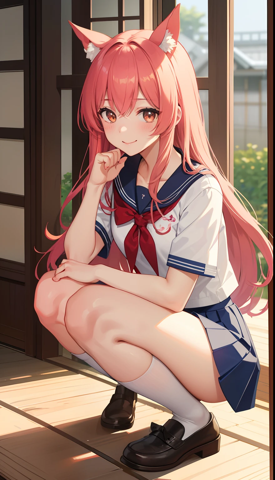 1girl in、AS-Adult、A smile、(Tsundere)、The shirt、skirt by the、(small tits)Chilarism、Japan High School Student Uniform、serafuku、summer clothing、(Sheer Bra)、Upper body portrait、horse ear(Uma Musume)、Squatting panchira、