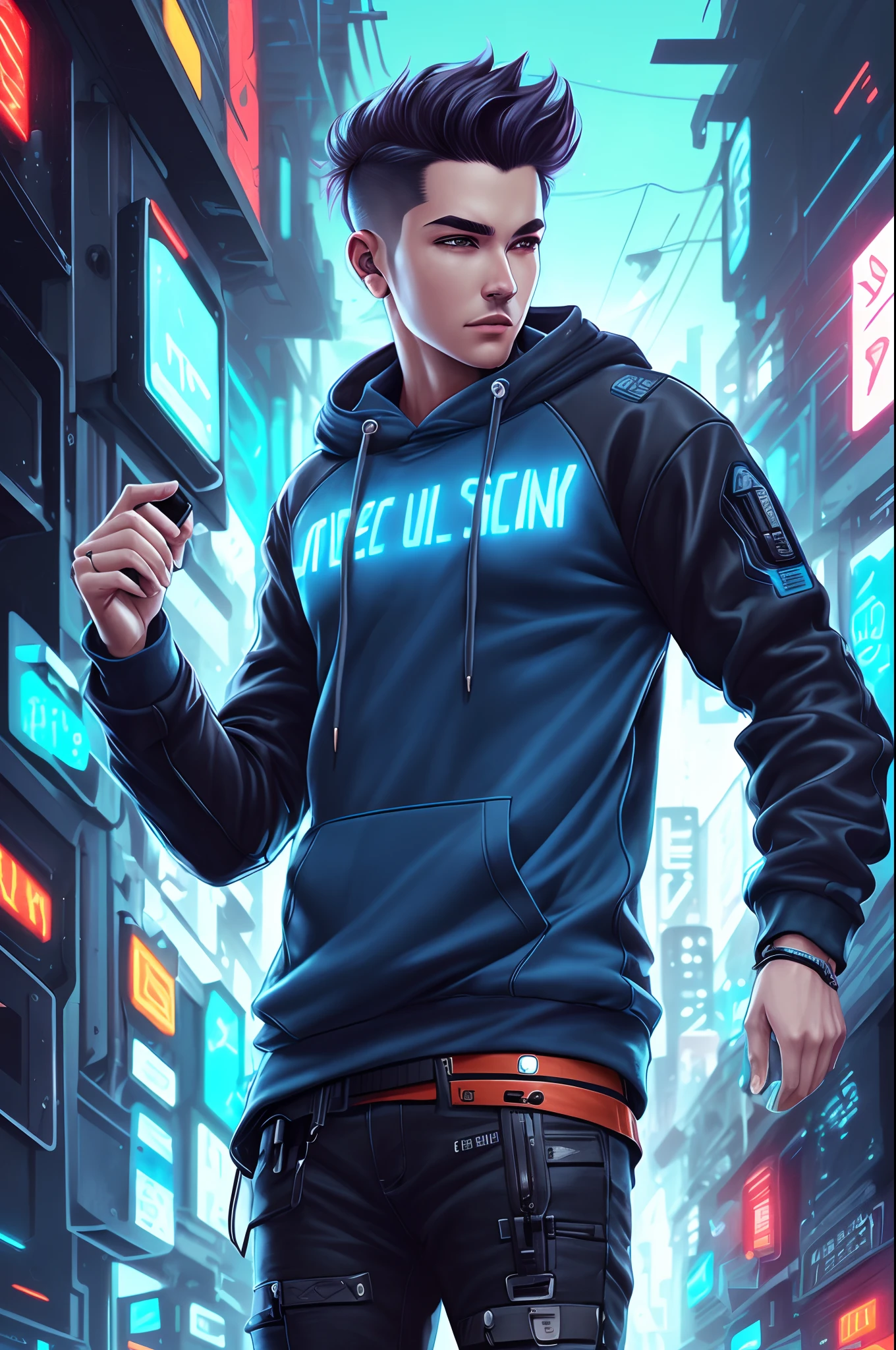 Male character, futuristic style, cyberpunk, sweatshirt, blue neon