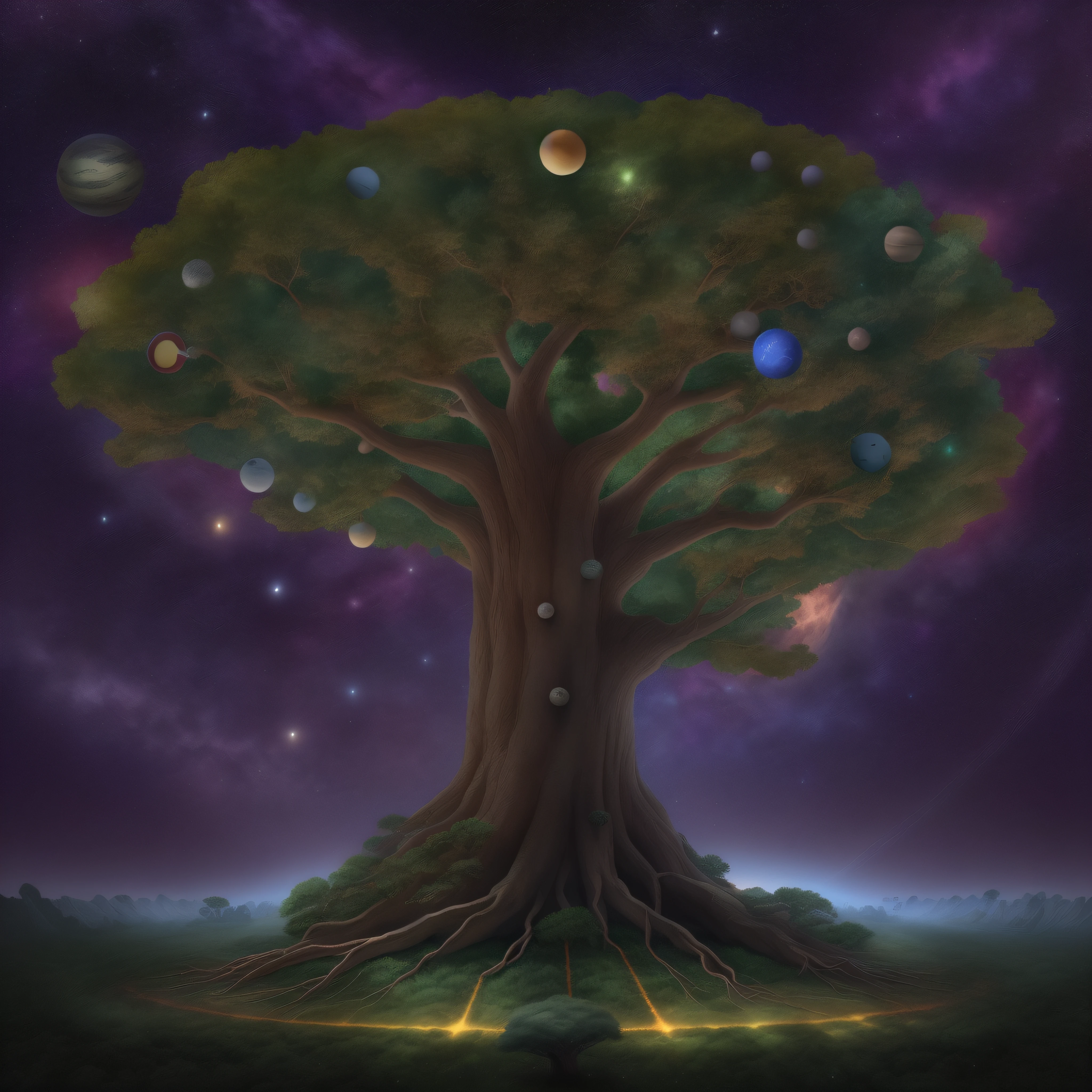 (super Giant tree,:1.3) with a trunk composed of invisible gravity, and（its fruit being resplendent planets:1.3).   The background is the vast and boundless universe, with mysterious darkness dotted by countless stars,