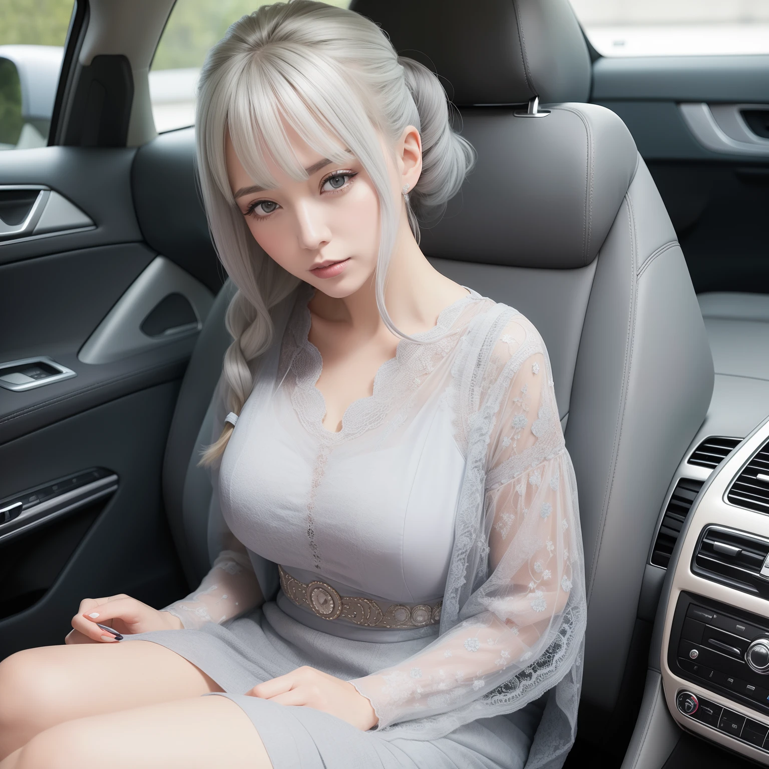Photo of a woman with gray hair、is wearing dress、Sitting in the driver's seat of a luxury car、a cool、The hair is disheveled