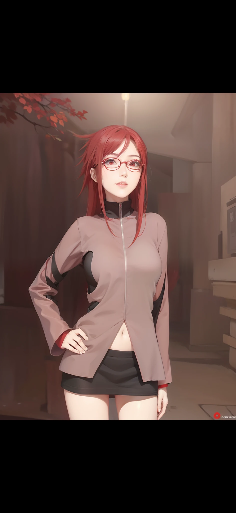 1girl, uzumaki karin in anime naruto, long hair, red hair, red eyes, smile, beautiful, wear red glasses, sexy dress, sexy clothes, grey clothes, very big breast, realistic clothes, detail clothes, outdoor background, ultra detail, realistic